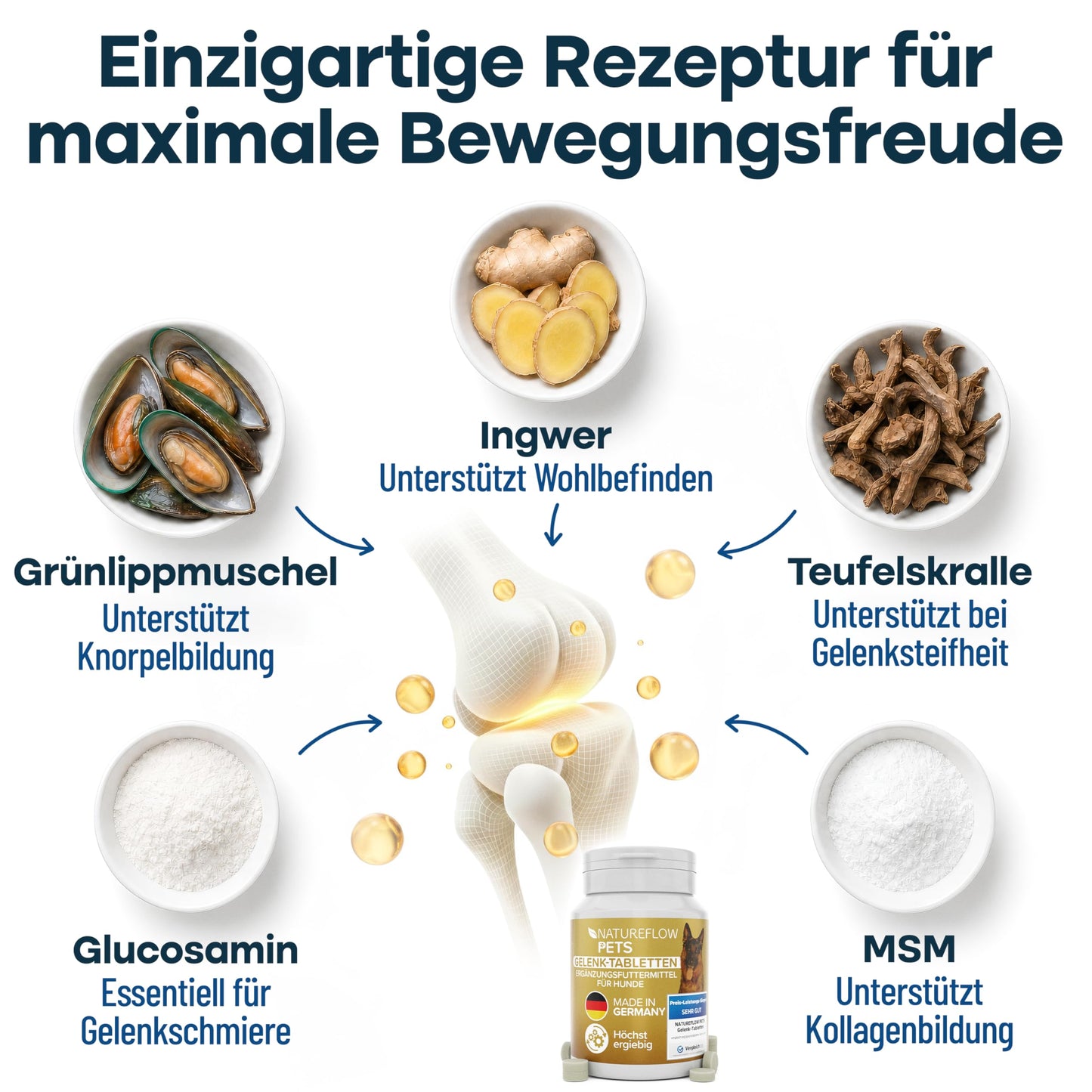 Gelenktabletten Hunde – Test SEHR GUT Made in Germany mit Grünlippmuschel, MSM und Teufelskralle - Keine Kapseln, hohe Akzeptanz Gelenktabletten Hund - 100 Stück