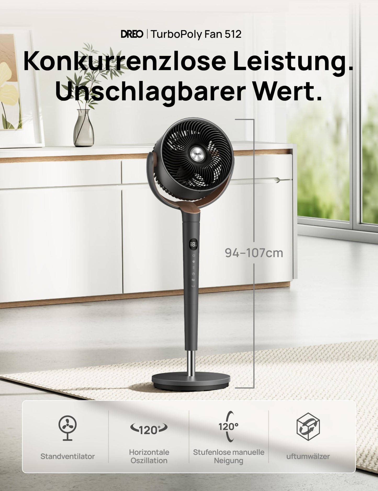 DREO Standventilator sehr leise, Ventilator groß mit Fernbedienung, 20dB Silent Ventilator mit DC-Motor, 120° Oszillierend, 4 Modi, 94-107cm höhenverstellbar, Bodenventilator, TurboPoly Fan 512, Grau
