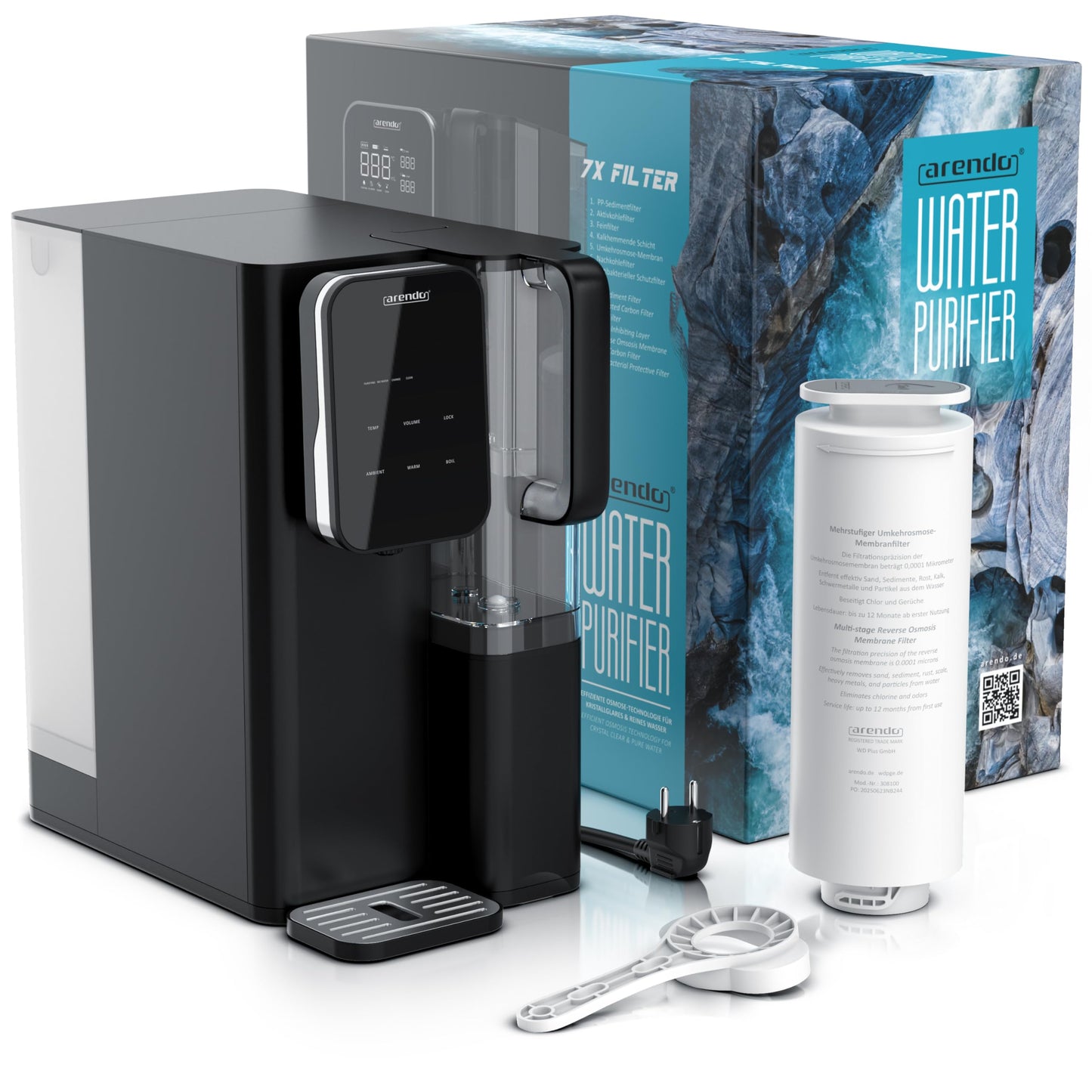 Arendo - Premium Osmoseanlage - 99,99% reines Trinkwasser - 7 stufiges Filtersystem (5+2) – Umkehrosmose/Wasserfilter – keine Installation - Auftisch Gerät – Heißwasserspender 40°C - 100°C – TDS