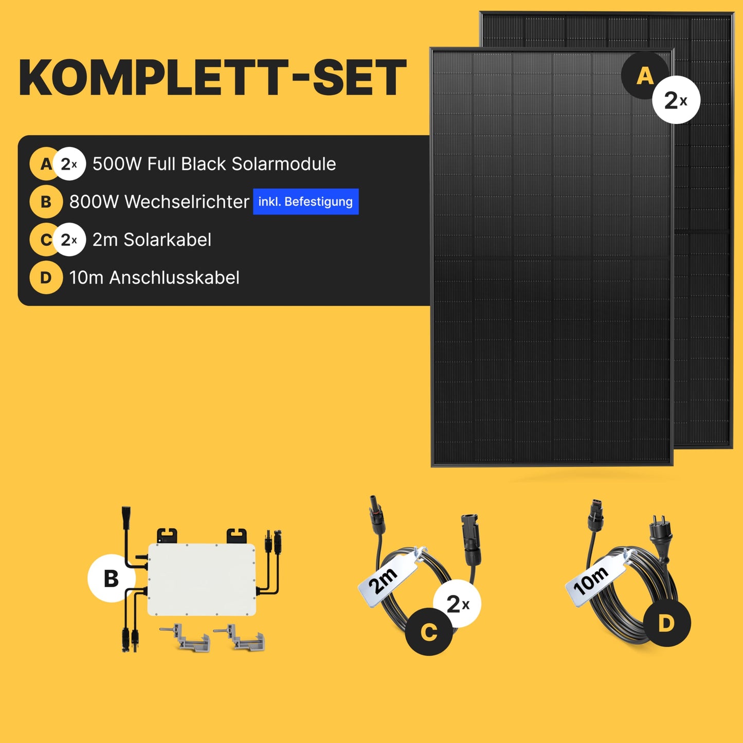 Solakon® 1000W Balkonkraftwerk - Balkonkraftwerk 800W komplett Steckdose - neuester 800 Watt Wechselrichter - Solaranlage Komplettset - 500W bifaziale Solarmodule inkl. Zubehör - 10m Kabel