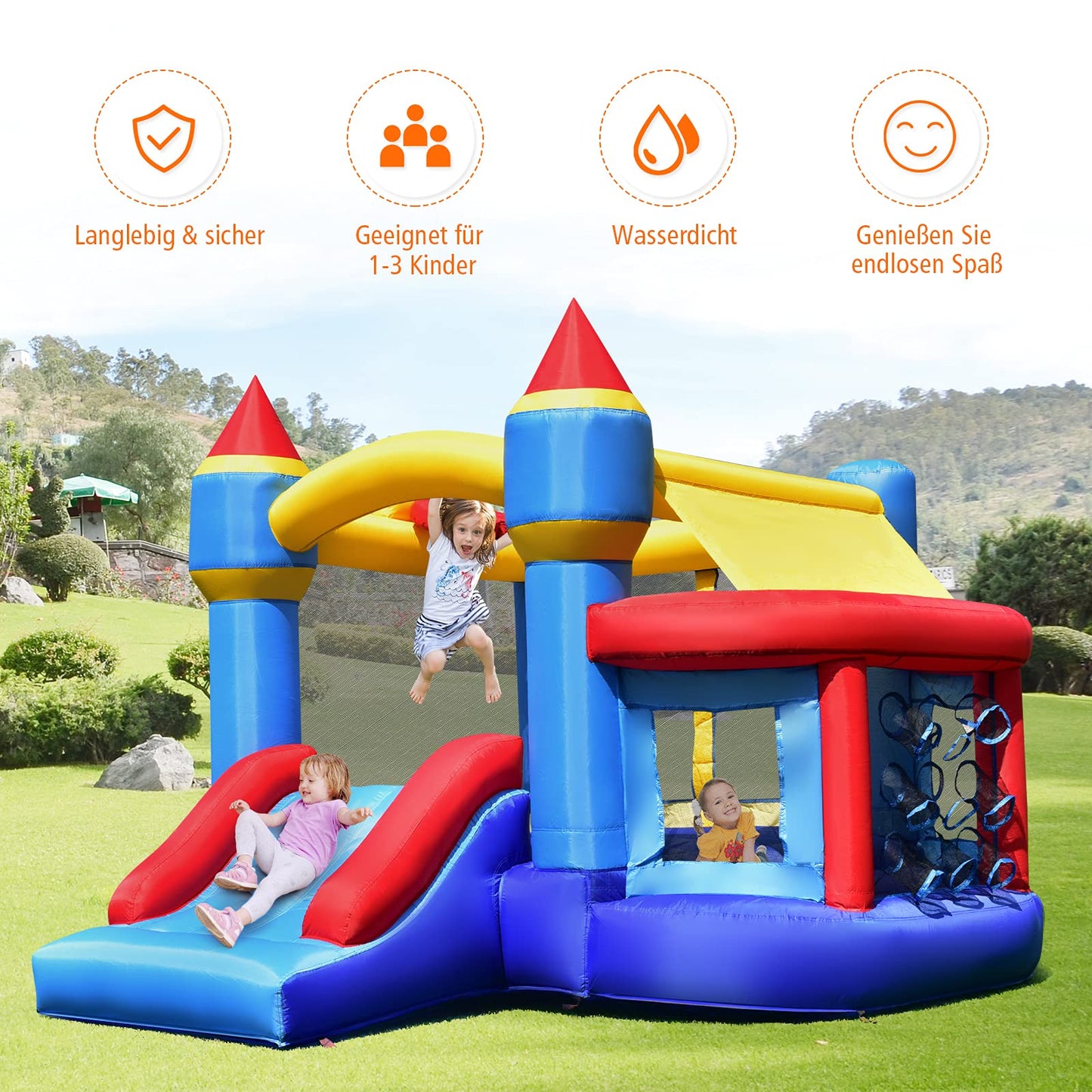 COSTWAY Kinder aufblasbare Hüpfburg, Hüpfburg mit Rutsche, Ballgrube, Reparaturflicken, Aufbewahrungstasche, Kinder-Hüpfburg für Hinterhof, Indoor & Outdoor-Einsatz 270x240x196cm
