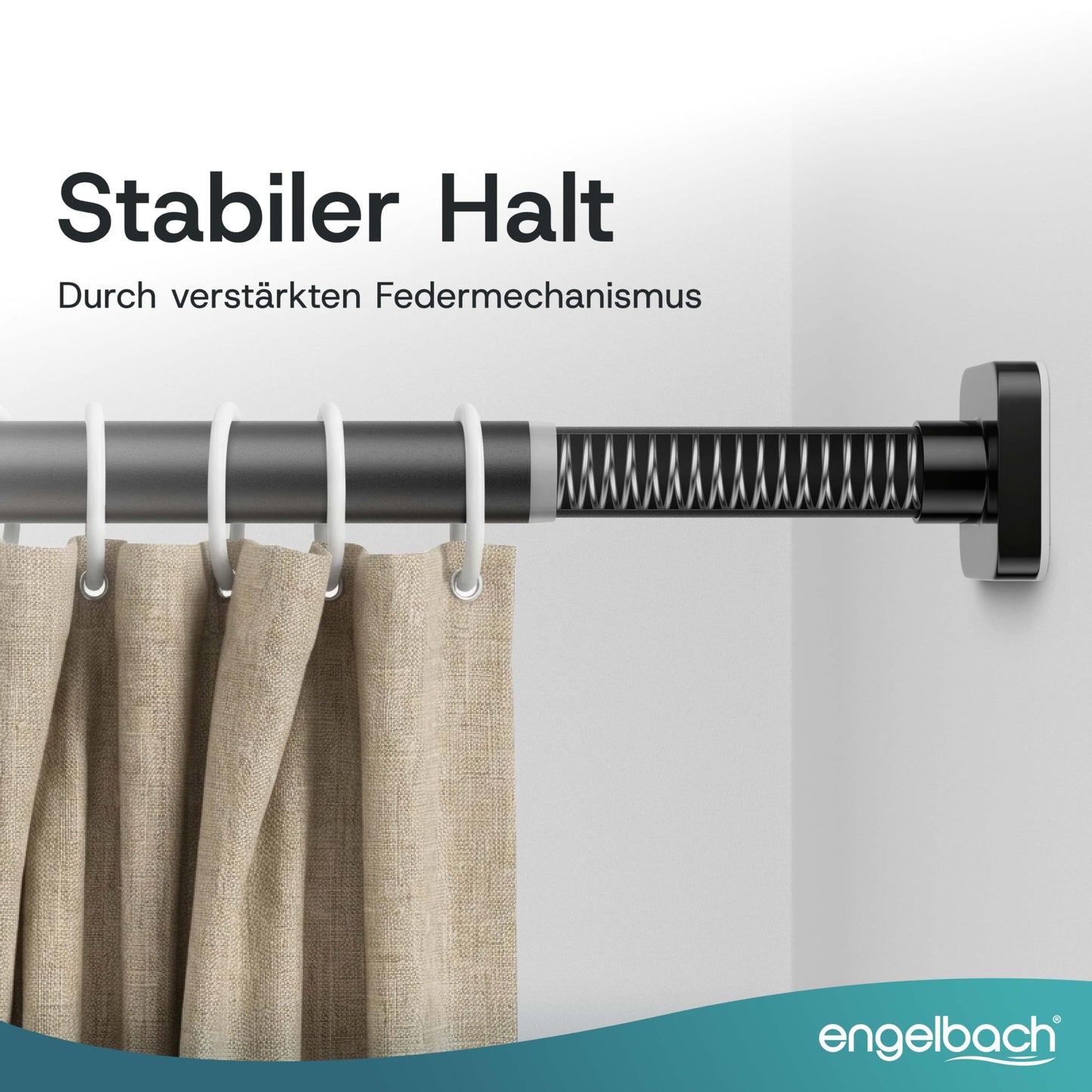 Engelbach® Gardinenstange ohne Bohren - Massiver Karbonstahl (Ø 25mm) für stabilen Halt - Individuell anpassbare Teleskopstange, Klemmstange, Duschvorhang stange, Schwarz, 260-310cm