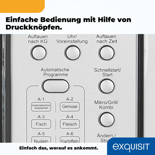 Exquisit EMW 20.1G Einbau-Mikrowelle | 20 L Garraum | 800 W | Inoxlook | 1000 W Grilleistung | 5 Leistungsstufen | Timer | Drehteller: 24,5cm Ø | 8 Autokochprogramme | Innenbeleuchtung