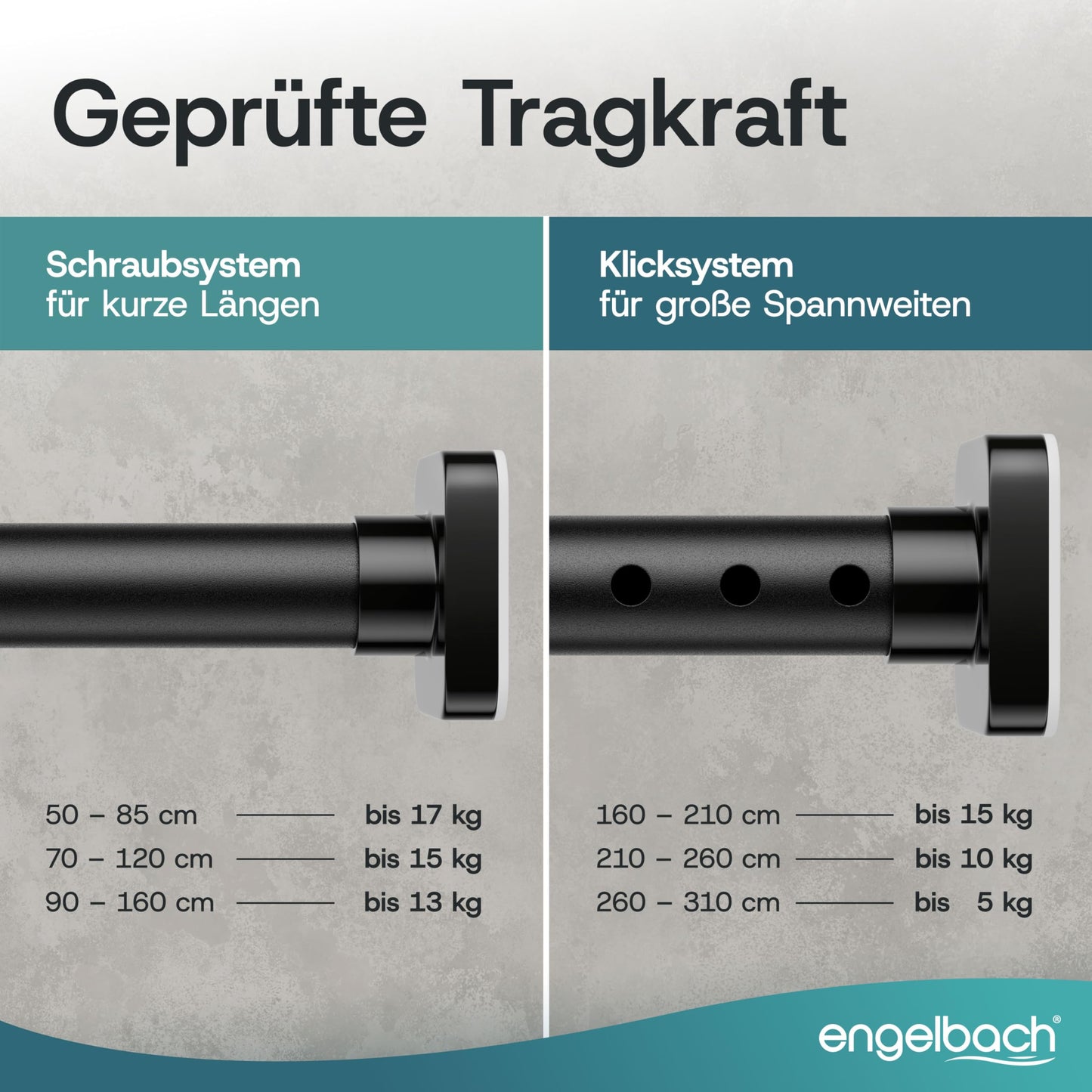 Engelbach® Gardinenstange ohne Bohren - Massiver Karbonstahl (Ø 25mm) für stabilen Halt - Individuell anpassbare Teleskopstange, Klemmstange, Duschvorhang stange, Schwarz, 260-310cm