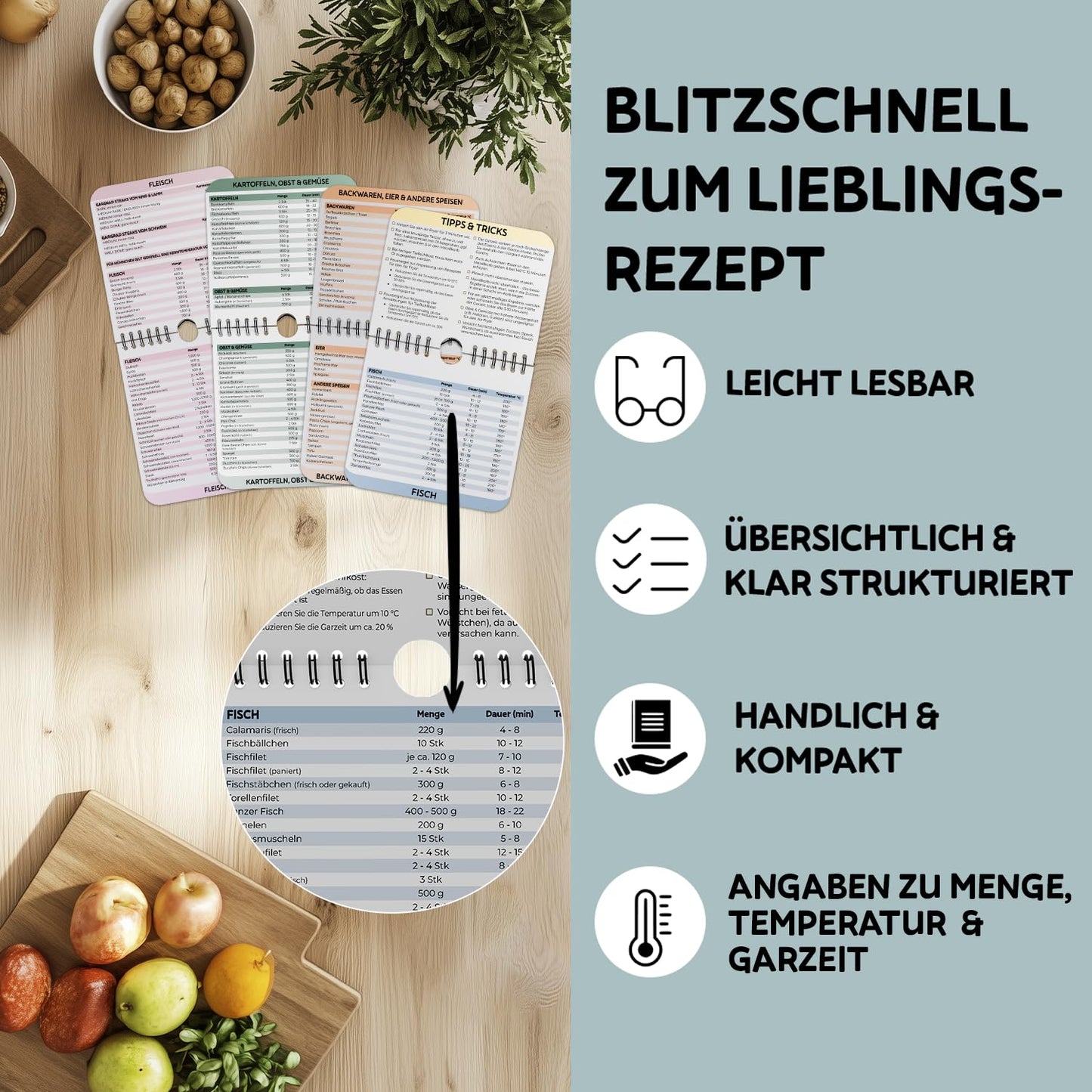 Kompakter Airfryer Spickzettel mit 127 Rezepten und Garzeiten