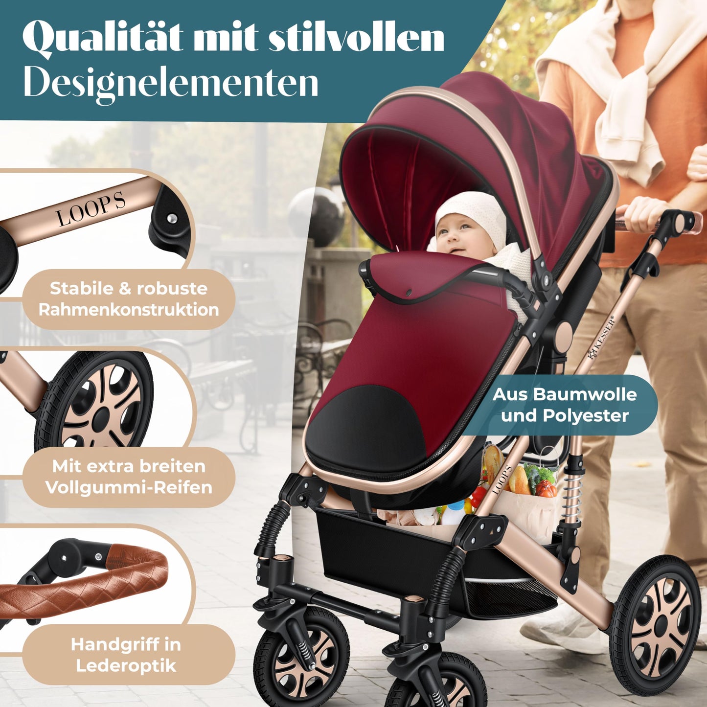 KESSER® Loops 4 in 1 Kinderwagen Kombikinderwagen Komplett-Set inkl. Babywanne & Buggy Sportsitz & Auto-Babyschale Voll-Gummireifen Wickeltasche Regenschutz Kindertisch ECE R129, Rot/Champagne