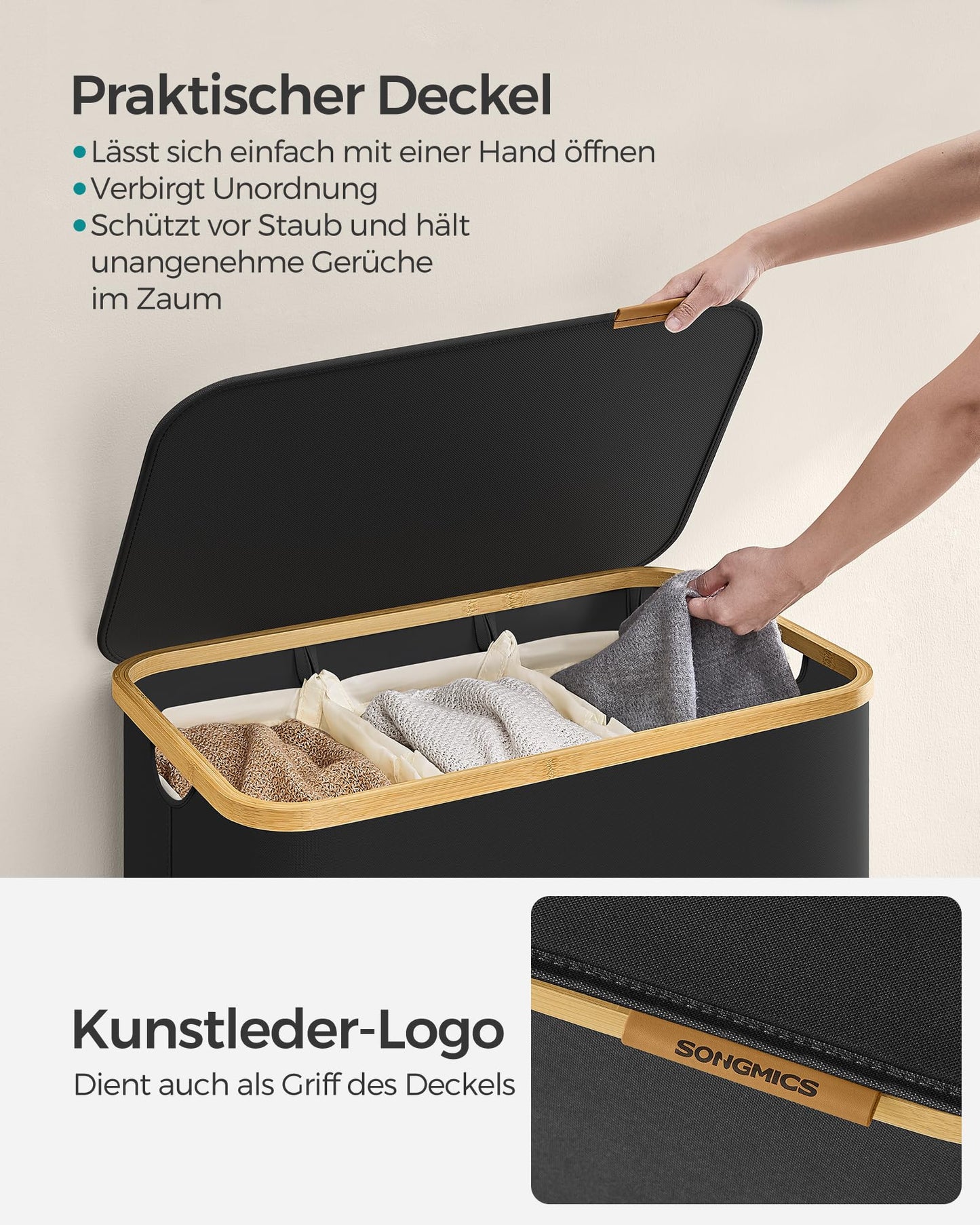SONGMICS Wäschekorb mit Deckel, Wäschesammler mit 3 Fächern, 150 L, herausnehmbarer Wäschesack, Oxford-Gewebe, Griffe aus Bambus, zusammenklappbar, 60 x 38,5 x 70,5 cm, tintenschwarz LCB515B01