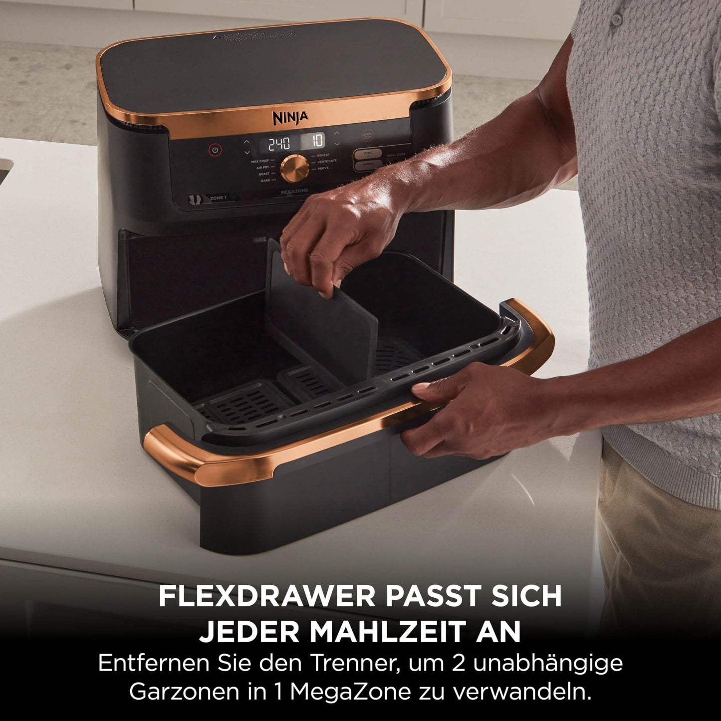 Ninja Foodi FlexDrawer Dual Zone Heißluftfritteuse, Air fryer mit 10,4-Fach und herausnehmbarem Trenner, Antihaftbeschichtung, spülmaschinenfester Korb, 7-in-1, Schwarz & Kupfer, AF500EUCP