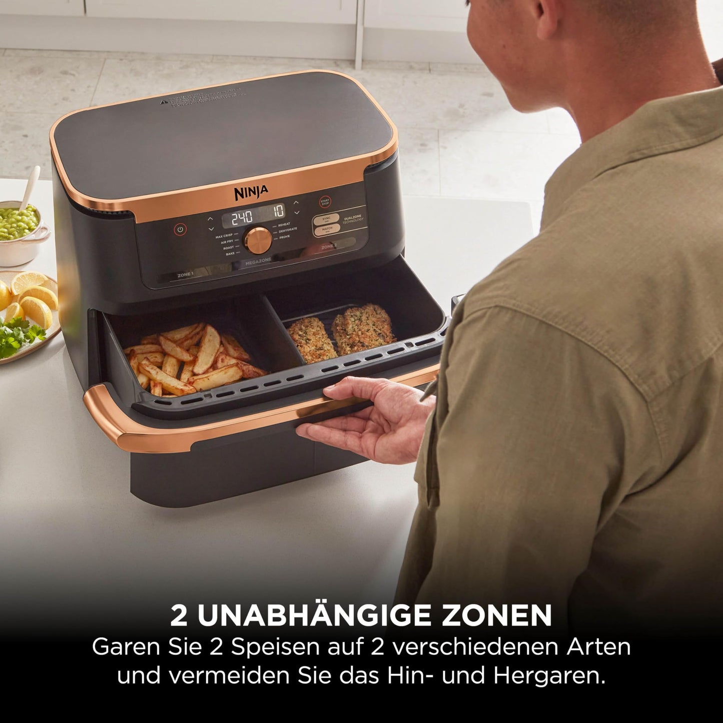 Ninja Foodi FlexDrawer Dual Zone Heißluftfritteuse, Air fryer mit 10,4-Fach und herausnehmbarem Trenner, Antihaftbeschichtung, spülmaschinenfester Korb, 7-in-1, Schwarz & Kupfer, AF500EUCP