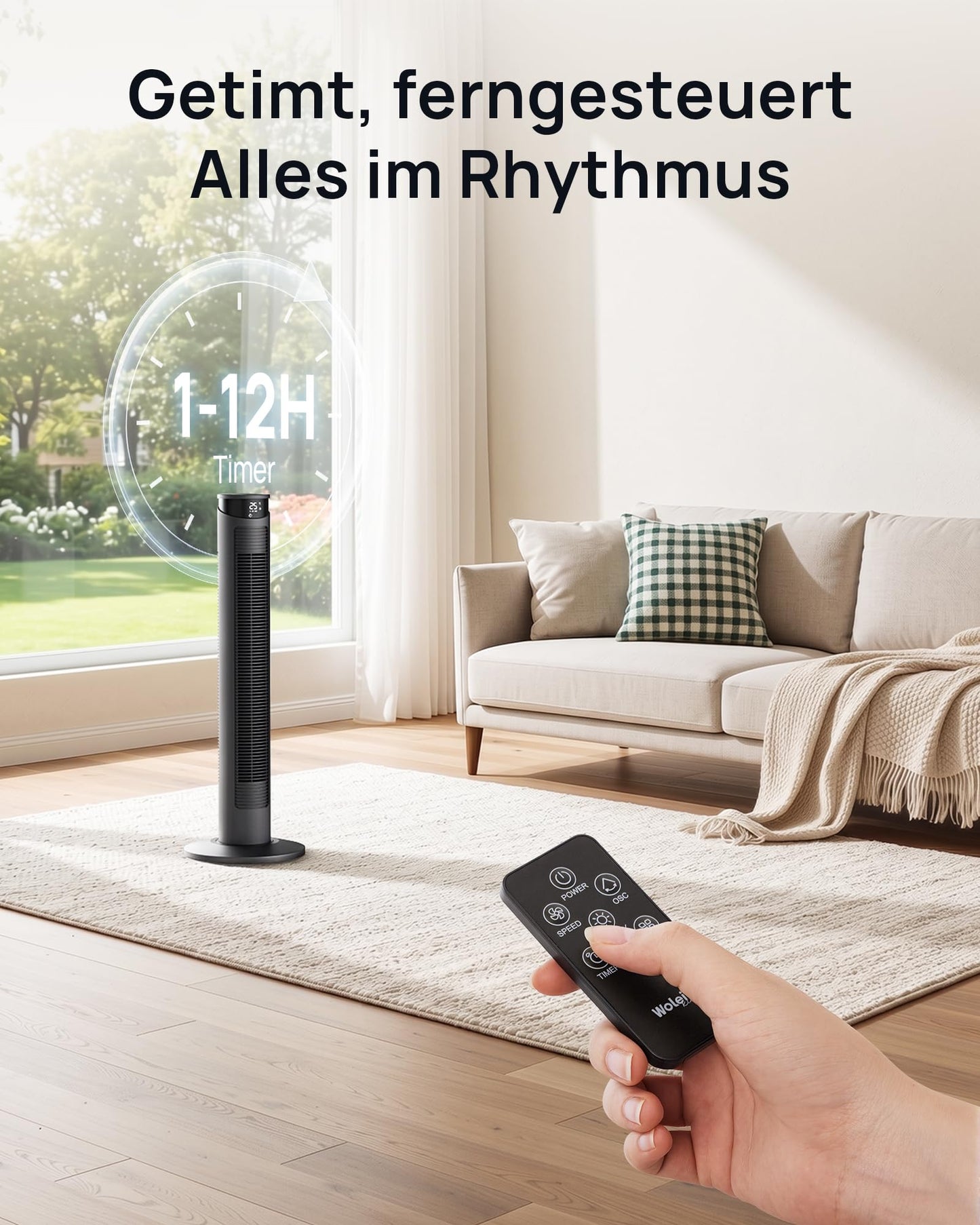 WoleixKlima Ventilator sehr leise 25dB, Turmventilator sehr leise mit Fernbedienung, Standventilator sehr leise mit Fernbedienung, 40W, 4 Modi&3 Stufen, 75°Oszillation, 12H Timer, 93CM