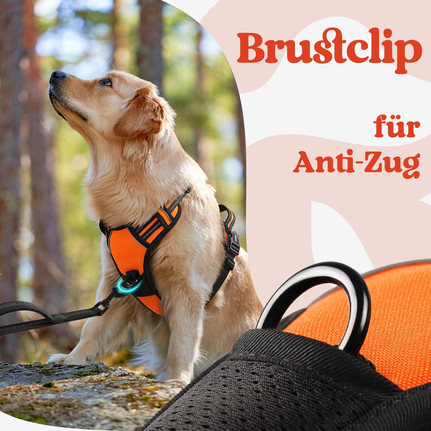 rabbitgoo Hundegeschirr Grosse Hunde, Verstellbare Geschirr Hund ohne Zug & Würgen, Anti Zug Hundegeschirr mit Griff, weich Gepolsterte Reflektierende Brustgeschirr, Orange L