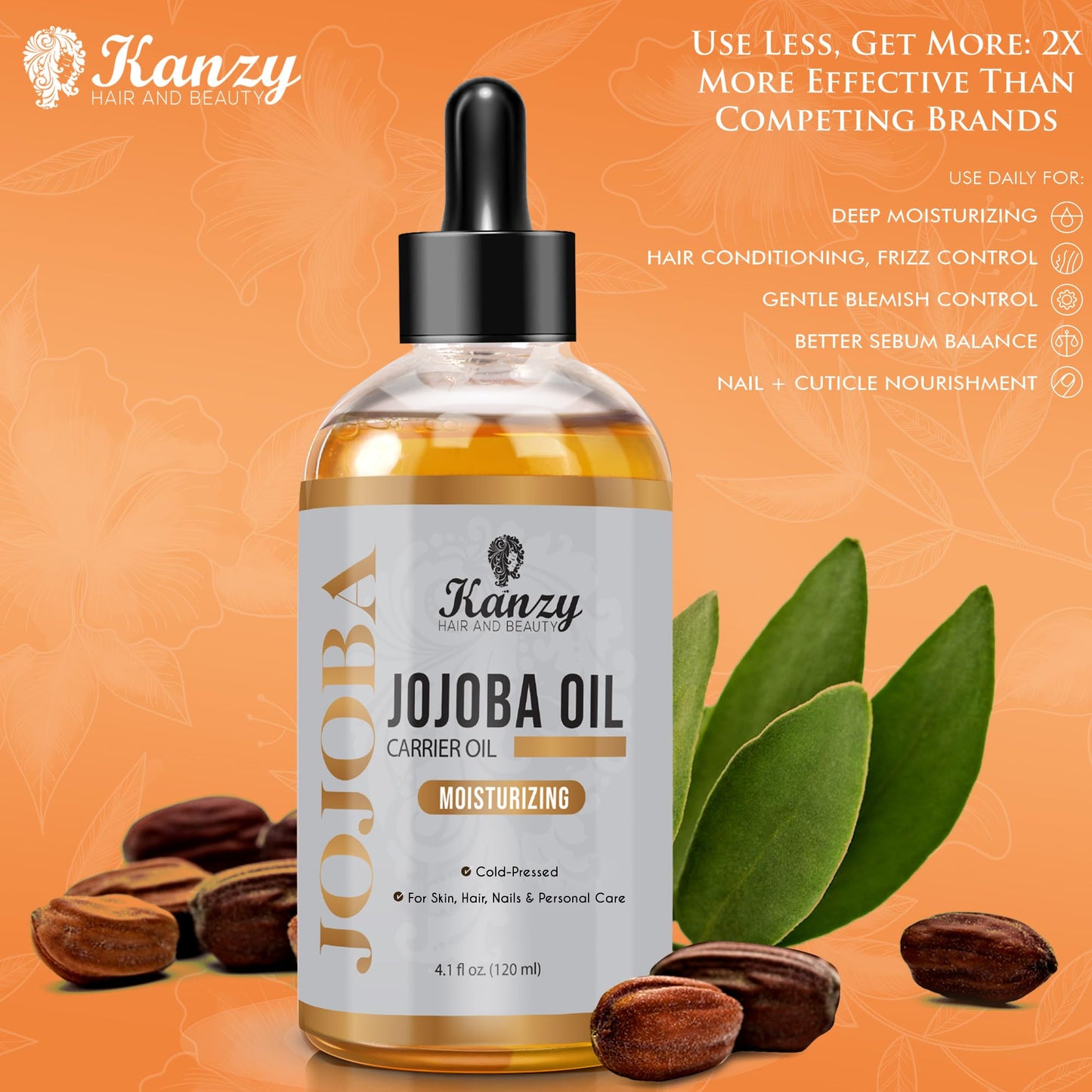 Kanzy Jojobaöl Kaltgepresst 100% Reines Gold, 120ml für Haut, Haare und Nägel, Gesichtsöl und Körperöl, Vegan & Hexanfrei, Jojobaöl, Anti-Falten, Natürliche Intensiv Feuchtigkeitspflege