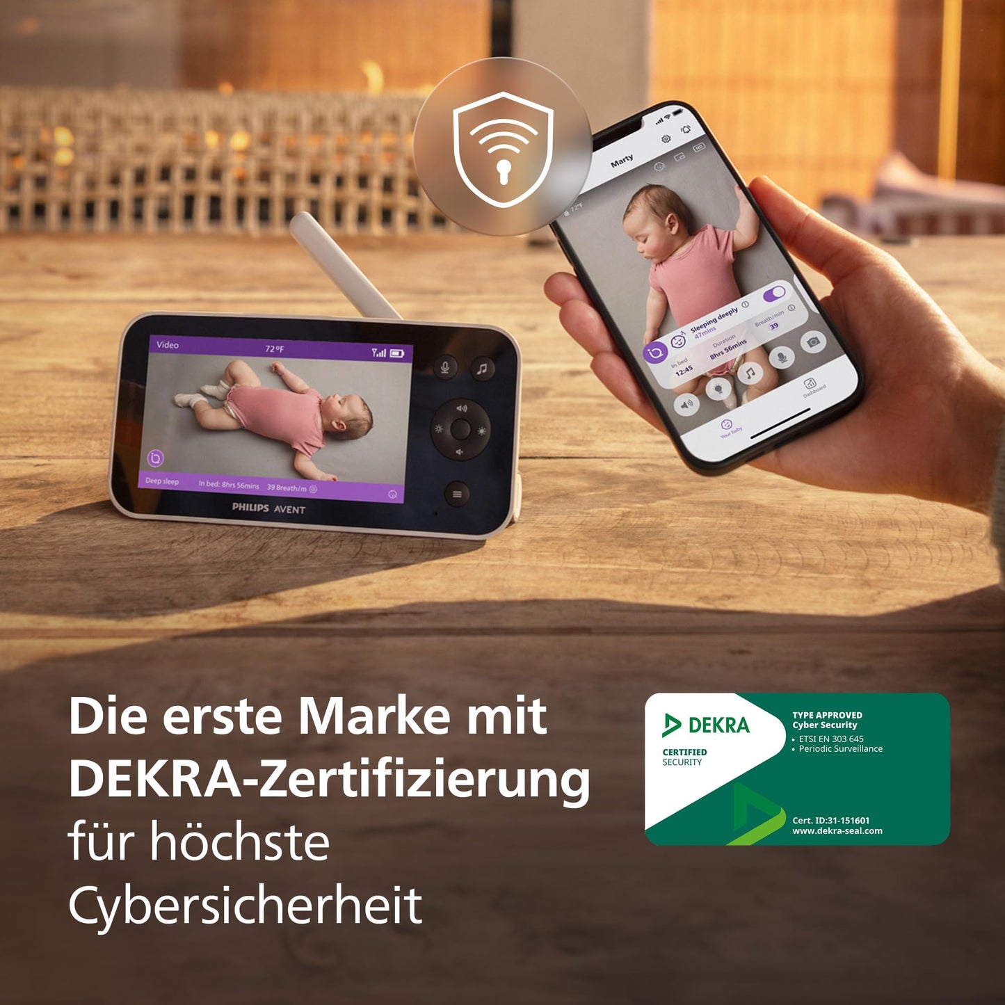 Philips AVENT Premium Connected Babyphone mit Kamera, das bisher Beste Babyphone, Schlaf- und Atmungs-Tracking mit KI, Schrei-Interpretation, DEKRA Zertifiziert privat und sicher, SCD973/26