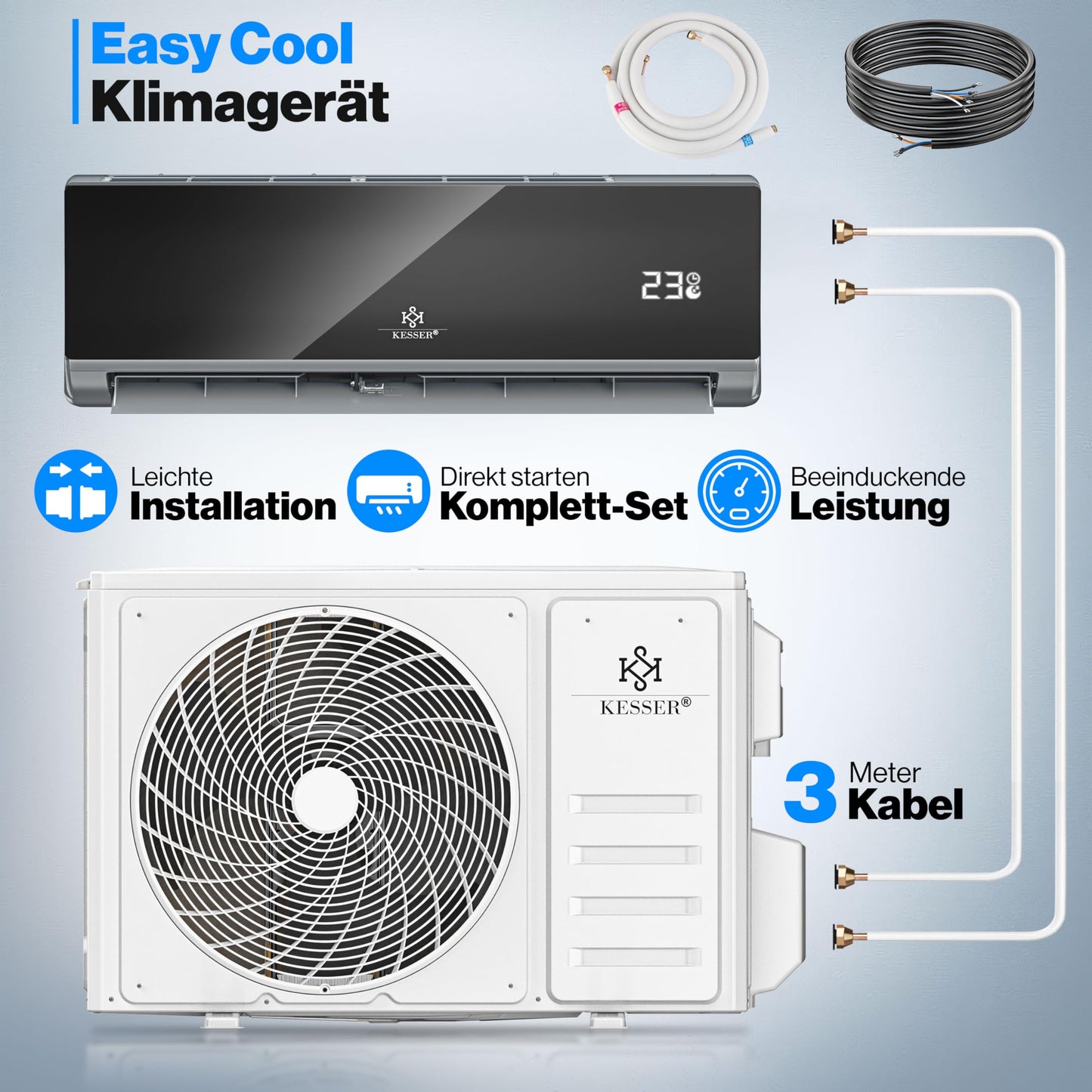 KESSER® Klimaanlage Set Split, WiFi/App Funktion Klimagerät, Kühlen A++/Heizen A+, 12000 BTU/h (3.400W) sehr leise, Kältemittel R32, Fernbedienung, Timerfunktion, Montagematerial, Anthrazit