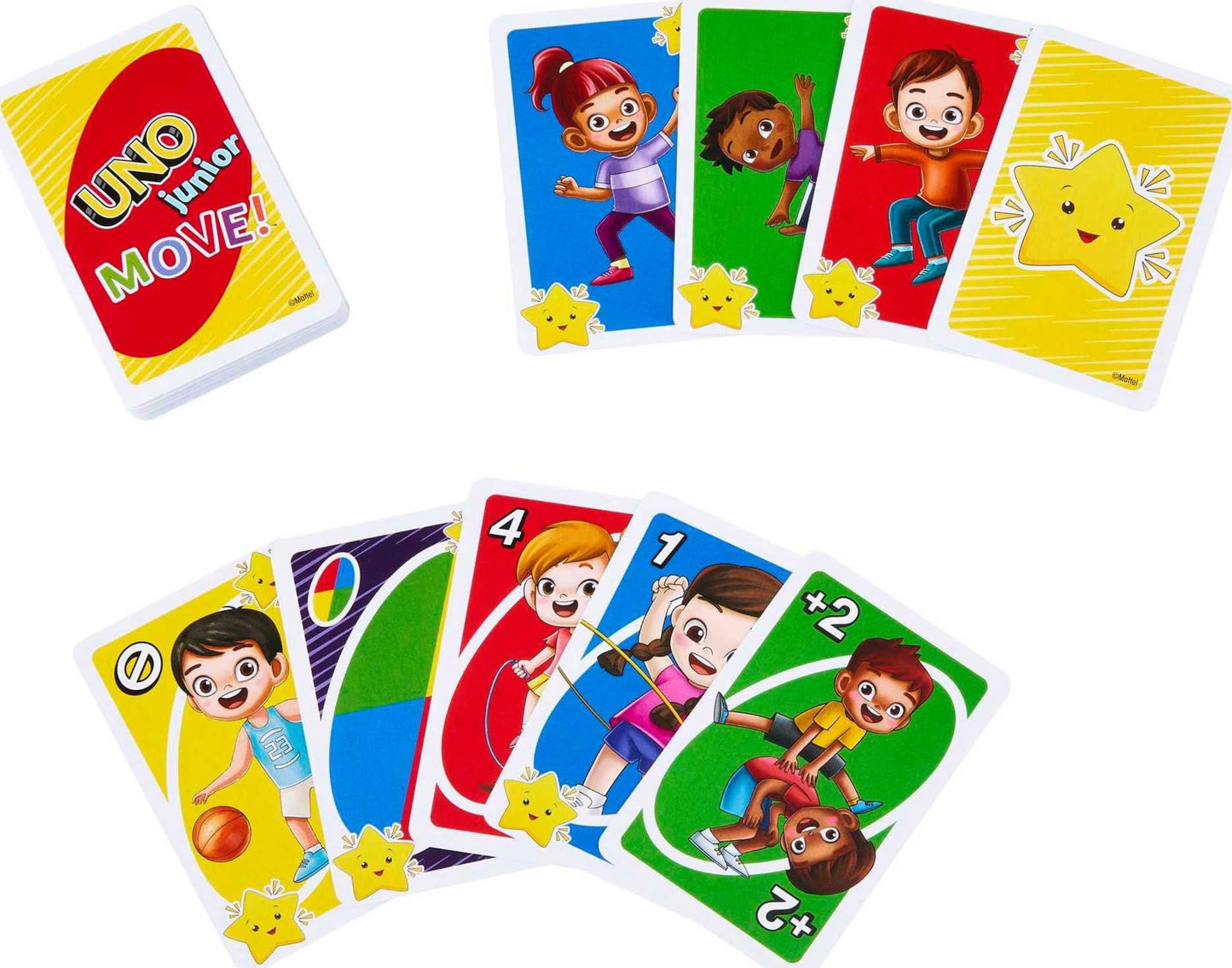 UNO Junior Move! - Aktive Variante des Kartenspiels, 3 Schwierigkeitsstufen für Einstieg jüngerer Spieler, Bewegungskarten, für Kinder ab 3 Jahren, HNN03