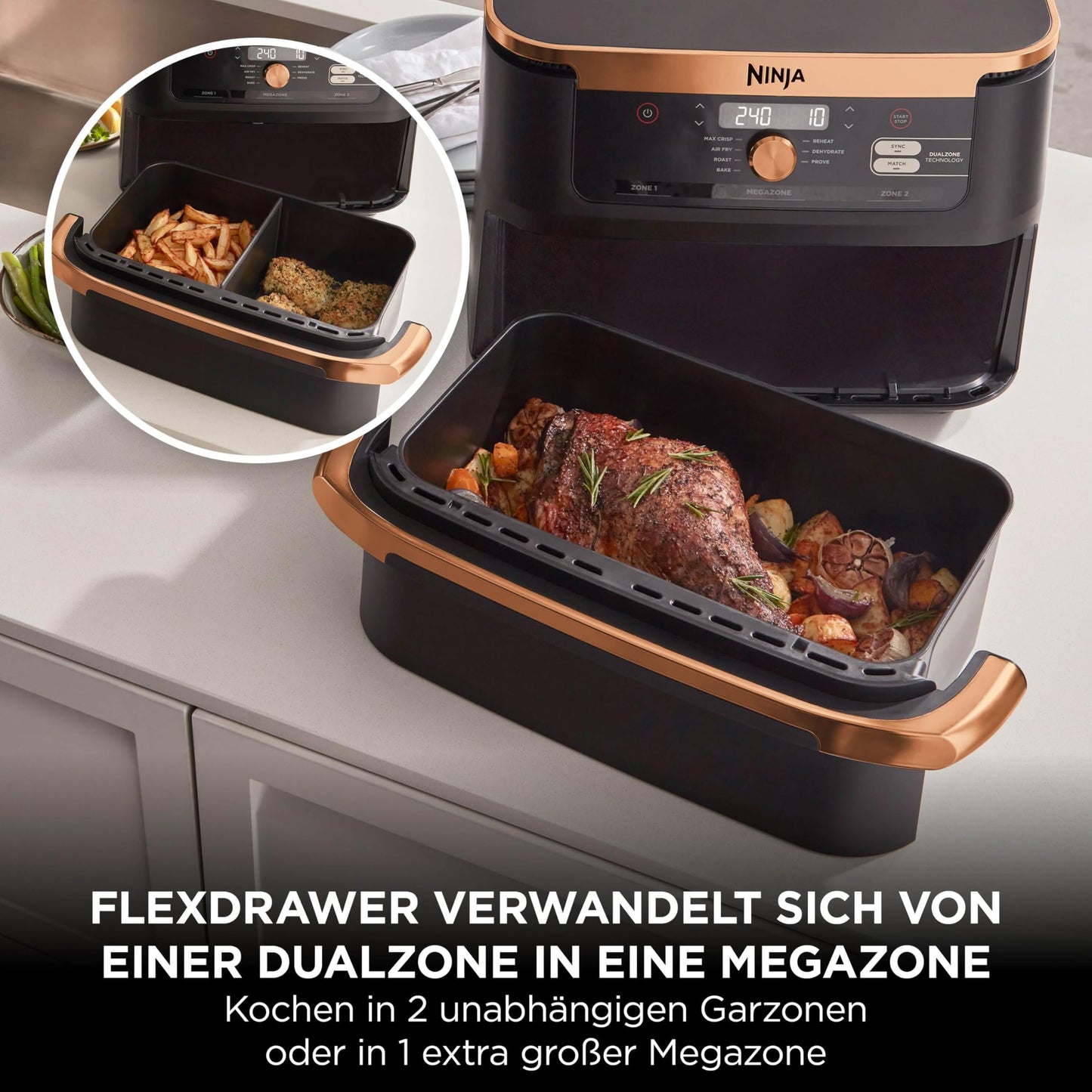 Ninja Foodi FlexDrawer Dual Zone Heißluftfritteuse, Air fryer mit 10,4-Fach und herausnehmbarem Trenner, Antihaftbeschichtung, spülmaschinenfester Korb, 7-in-1, Schwarz & Kupfer, AF500EUCP