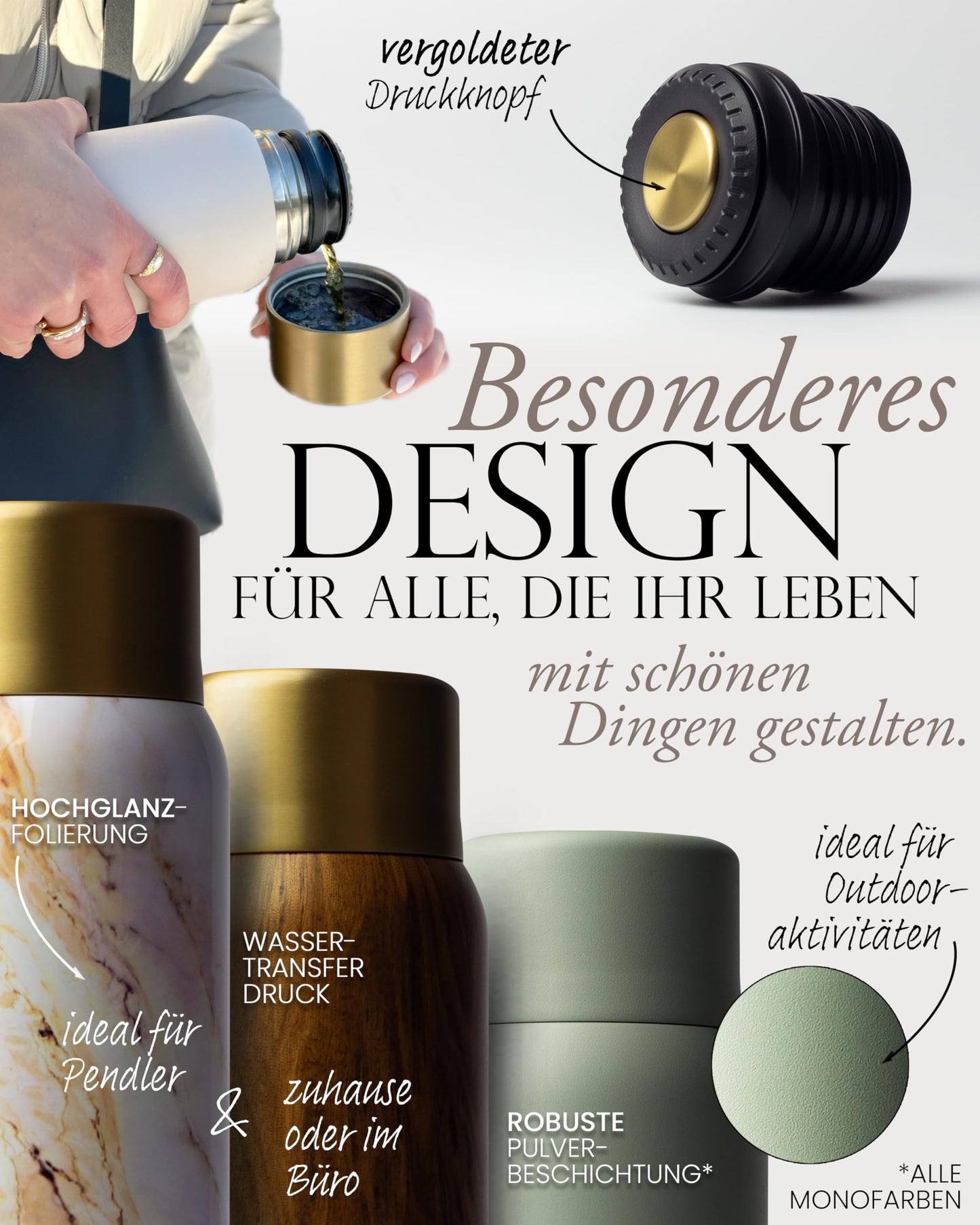 MAMEIDO Thermoskanne Edelstahl 1 l mit Becher auslaufsicher stilvoll-MAMEIDO