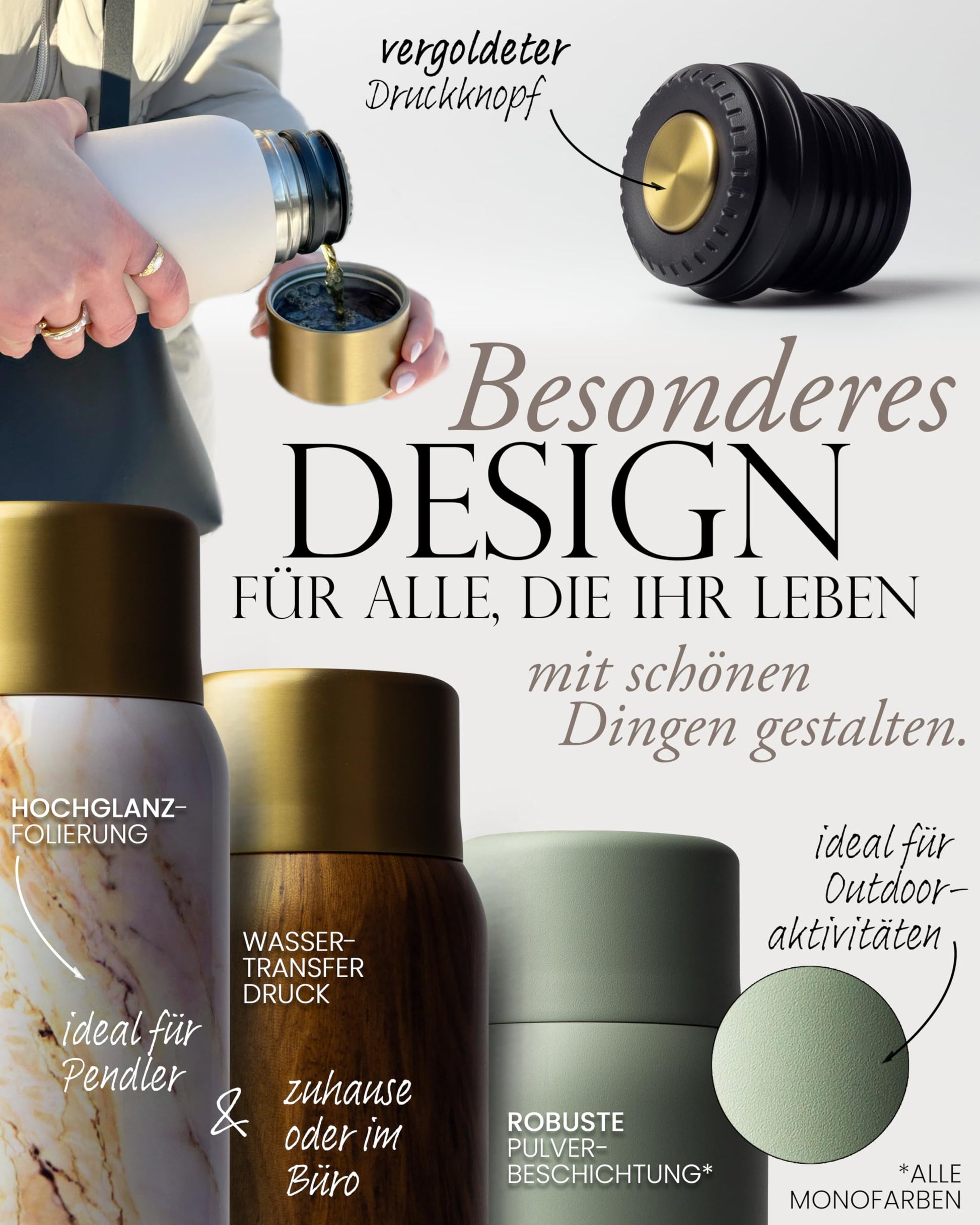 MAMEIDO Thermoskanne Edelstahl 1 l mit Becher auslaufsicher stilvoll-MAMEIDO