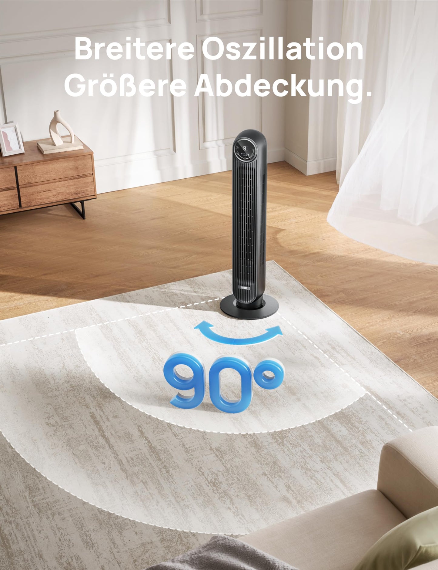DREO Leiser Turmventilator, 10 m Wurfweite 4 Geschwindigstufen 4 Modi 8 Std. Timer 90° oszillierende Ventilator mit Kühlung Fernbedienung für Schlafzimmer,Turmventilator 307, Schwarz