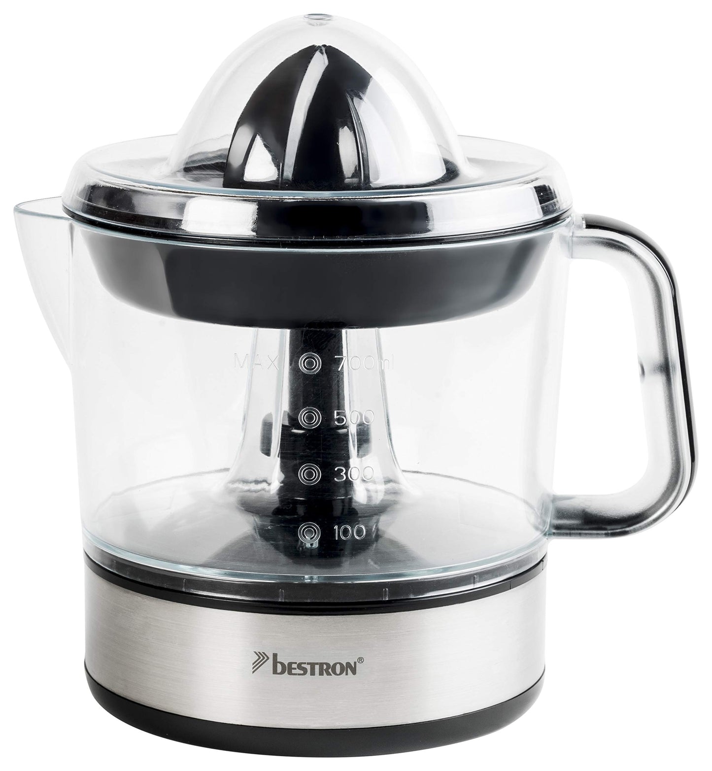 Elektro Zitruspresse mit 2 Presskegeln Aromadeckel 0 7L Silber-Bestron