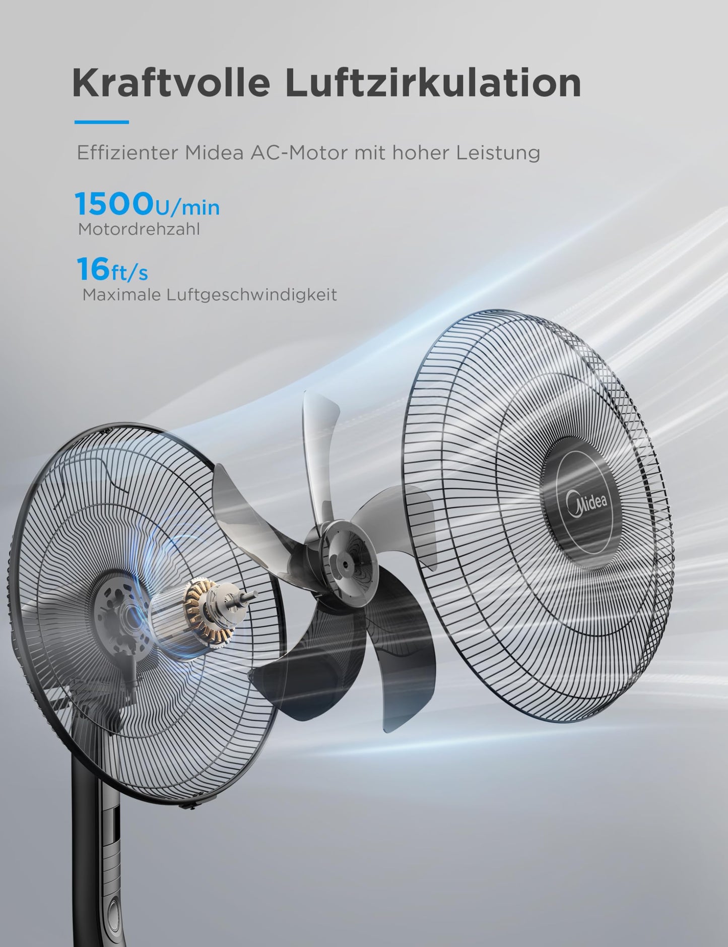 Midea FS40-15FR Standventilator Leise mit Fernbedienung,3 Geschwindigkeitsstufen,LED Anzeige, 7,5H Timer,höhenverstellbar, 80°Oszil-lationsfunktion, 55W Kraftvoller,Ventilator,Luftzirkulation, Schwarz