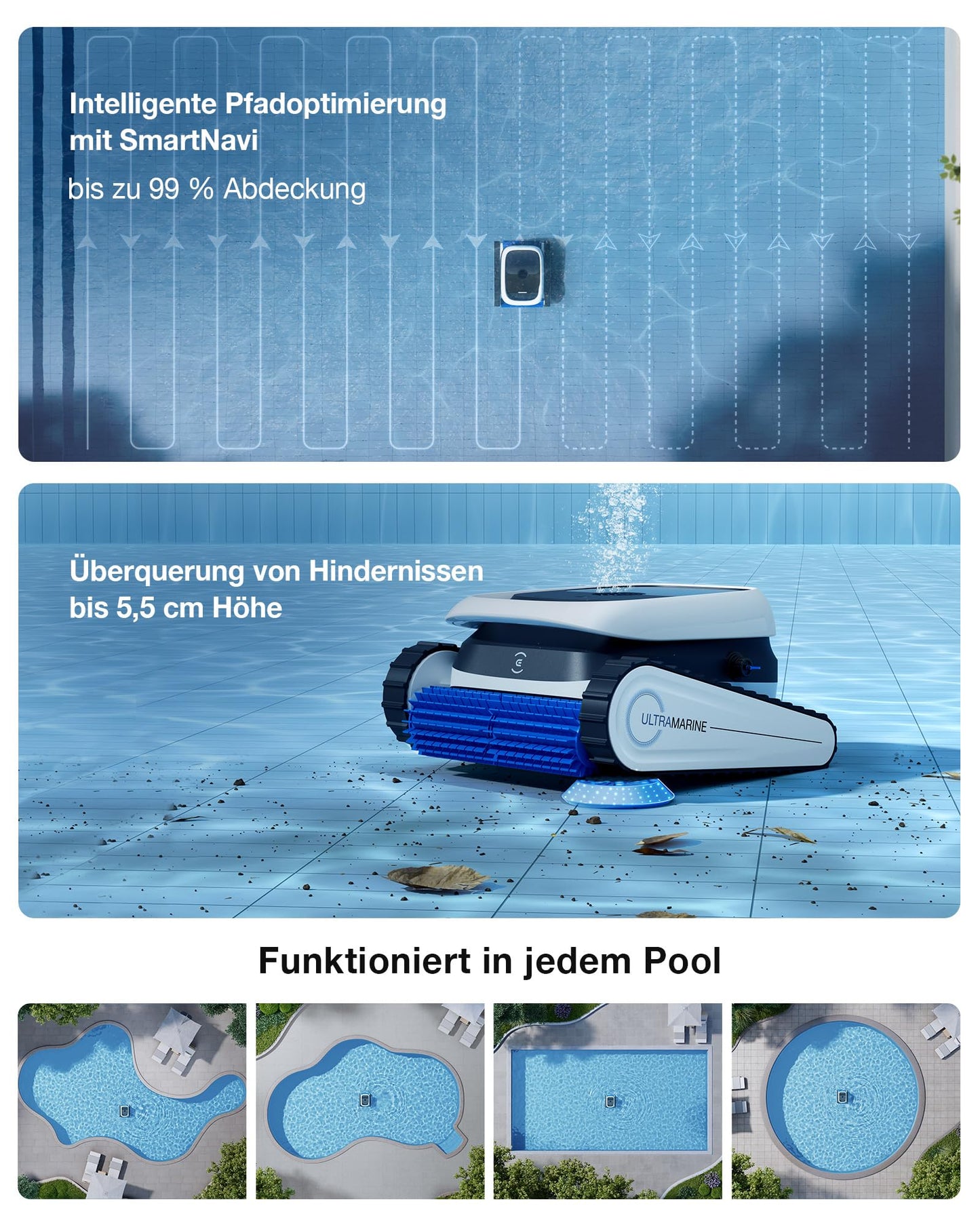 ECOVACS Ultramarine P1 Poolroboter für Boden und Wände, 180 Min. Akku, bis zu 180m², 4800 GPH UltraPure-Saugkraft, Pool-Saugroboter mit App, Doppelschicht-Filter, SmartNavi-Navigation (White)