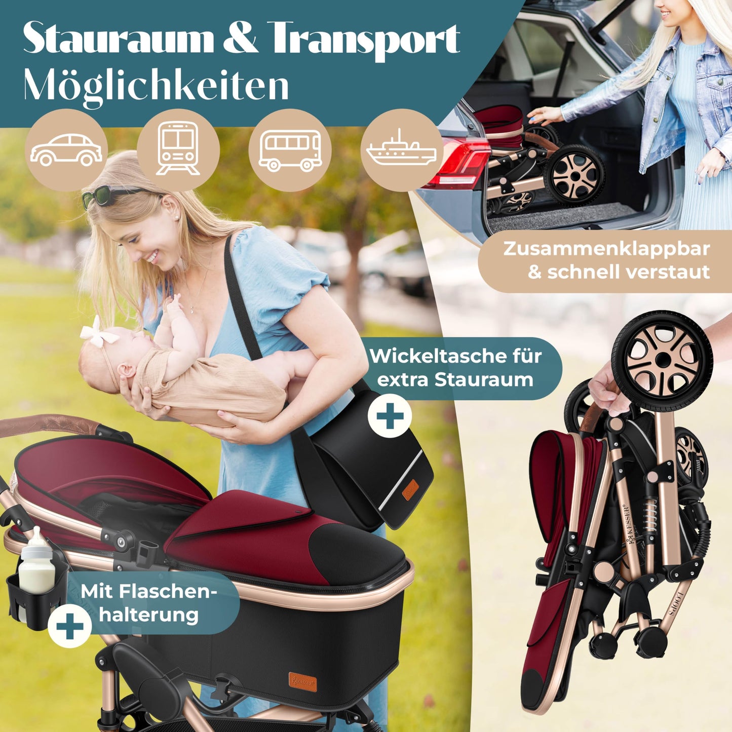 KESSER® Loops 4 in 1 Kinderwagen Kombikinderwagen Komplett-Set inkl. Babywanne & Buggy Sportsitz & Auto-Babyschale Voll-Gummireifen Wickeltasche Regenschutz Kindertisch ECE R129, Rot/Champagne