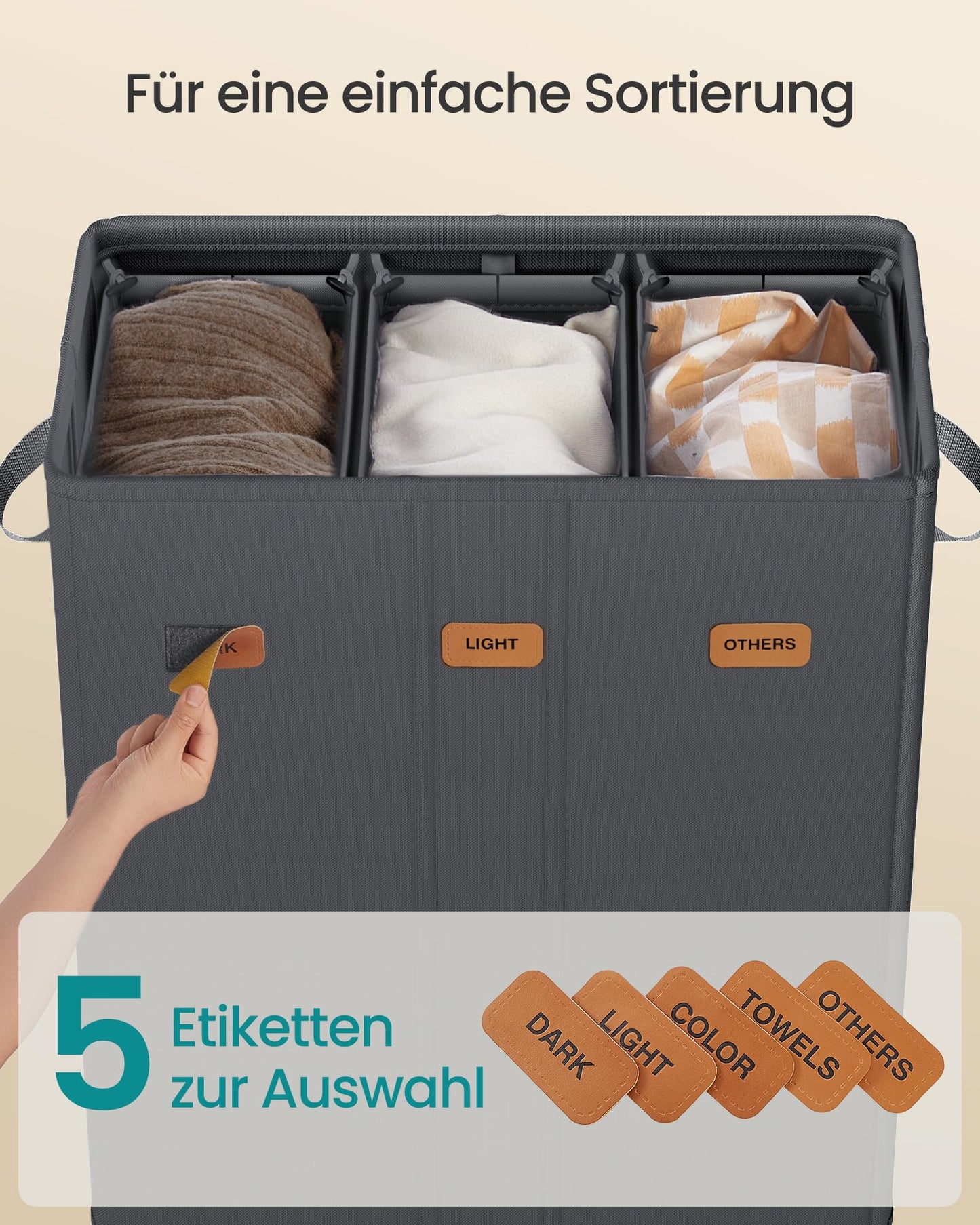 SONGMICS Wäschekorb mit 3 Fächern, 160 L, mit Deckel, 5 Etiketten, herausnehmbarer und waschbarer Innensack, Waschküche Schlafzimmer, dunkelgrau RLH013G01