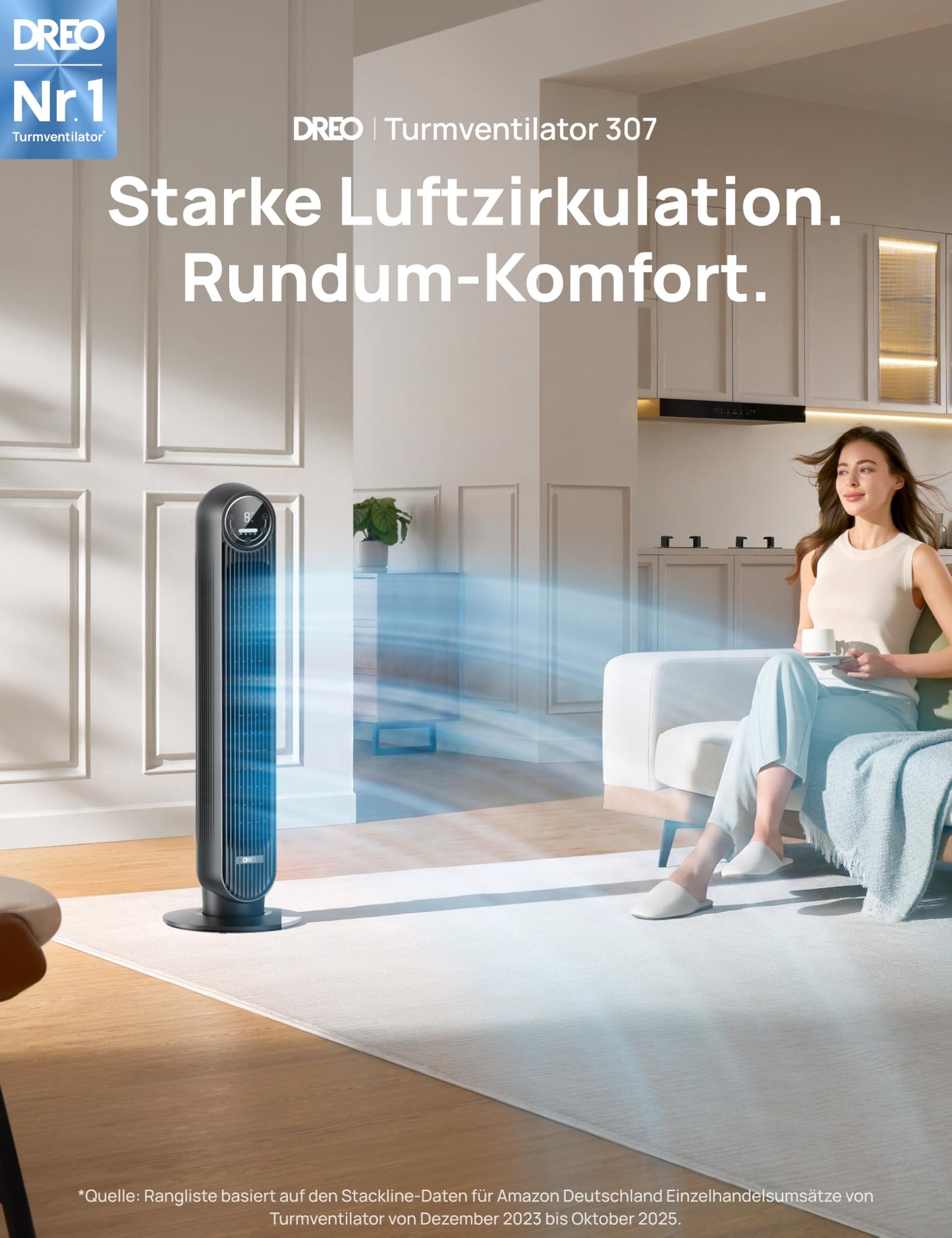 DREO Leiser Turmventilator, 10 m Wurfweite 4 Geschwindigstufen 4 Modi 8 Std. Timer 90° oszillierende Ventilator mit Kühlung Fernbedienung für Schlafzimmer,Turmventilator 307, Schwarz