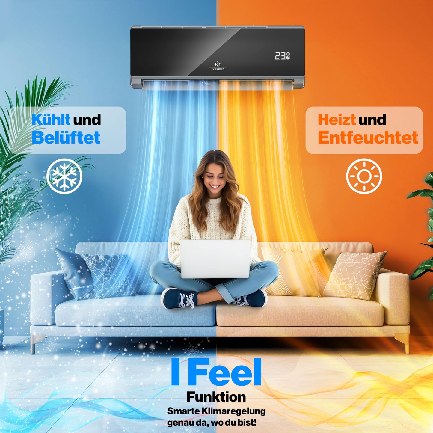 KESSER® Klimaanlage Set Split, WiFi/App Funktion Klimagerät, Kühlen A++/Heizen A+, 12000 BTU/h (3.400W) sehr leise, Kältemittel R32, Fernbedienung, Timerfunktion, Montagematerial, Anthrazit