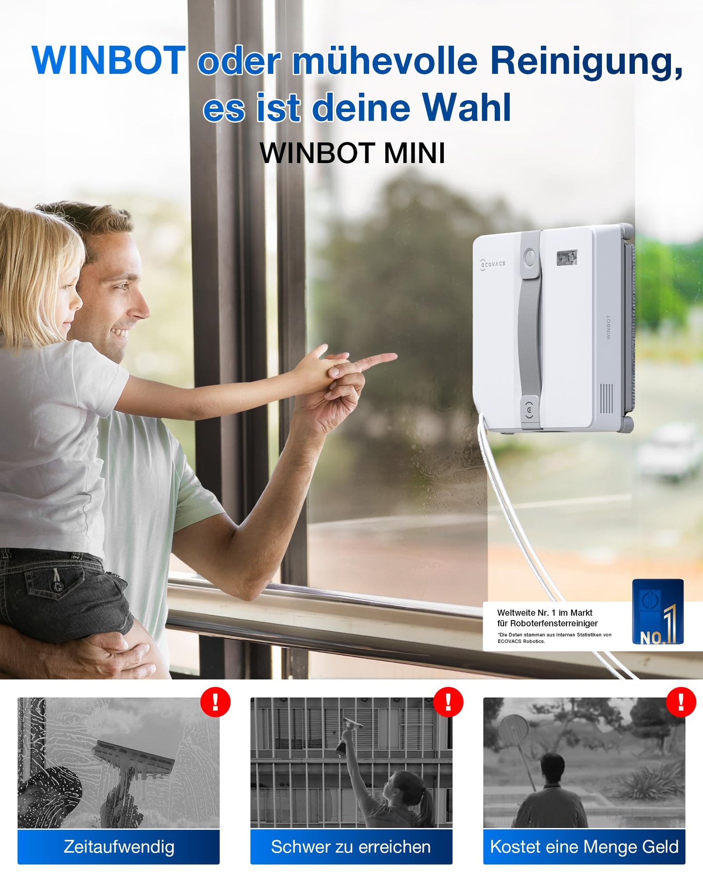 ECOVACS WINBOT Mini Fensterputzroboter, kompaktes Design, Doppel-Düsen mit Ultraschall-Zerstäubung, 9-Stufen-Schutzsystem, intelligente Pfadplanung, 4 Reinigungsmodi, Anti-Rutsch-System, Grau