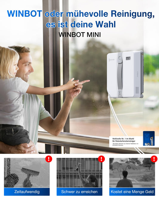 ECOVACS WINBOT Mini Fensterputzroboter, kompaktes Design, Doppel-Düsen mit Ultraschall-Zerstäubung, 9-Stufen-Schutzsystem, intelligente Pfadplanung, 4 Reinigungsmodi, Anti-Rutsch-System, Grau