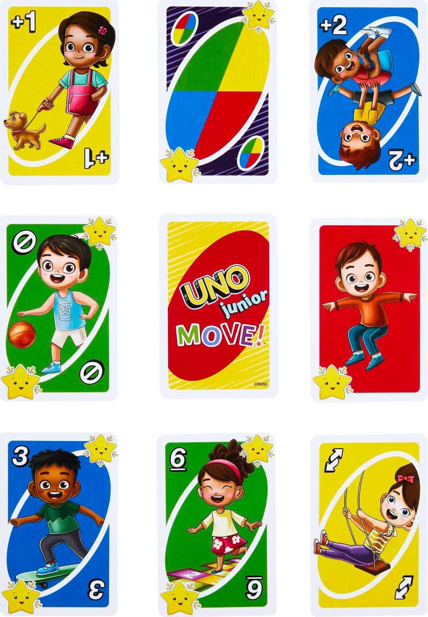 UNO Junior Move! - Aktive Variante des Kartenspiels, 3 Schwierigkeitsstufen für Einstieg jüngerer Spieler, Bewegungskarten, für Kinder ab 3 Jahren, HNN03