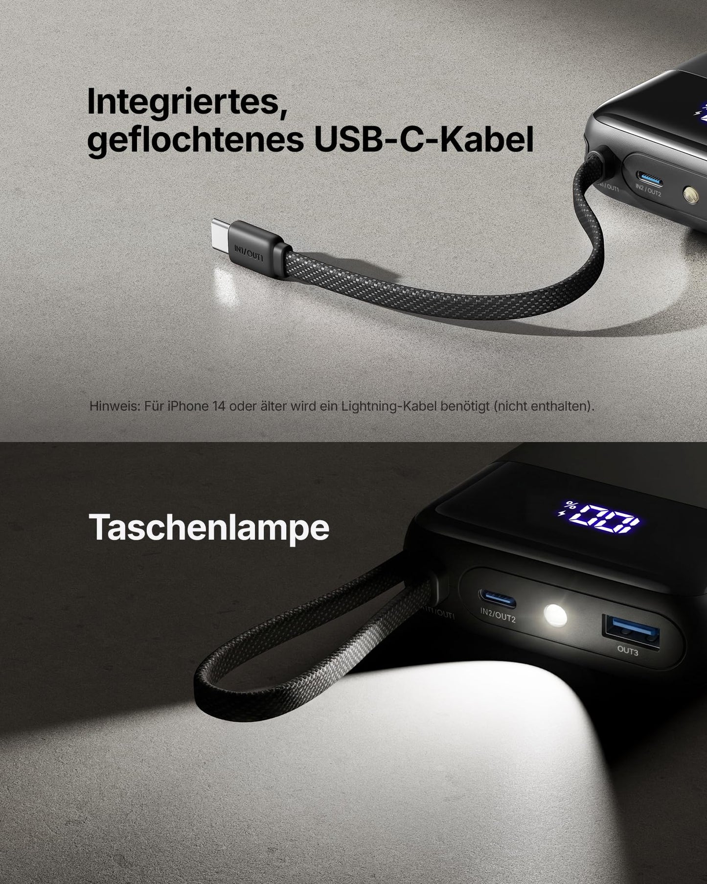 INIU 45W Power Bank, Ultra Klein 20000mAh Powerbank mit Integriertem USB C Kabel, Schnellladen Externe Handyakkus, Flugzeug Geeignet, Reise-Essential für iPhone 17 16 15, Samsung S22, Xiaomi, iPad etc
