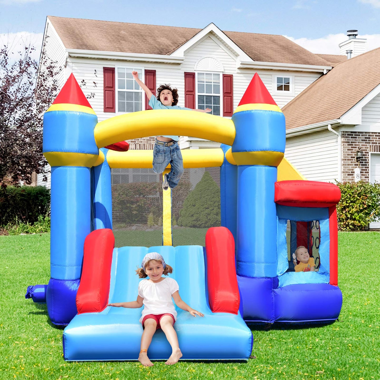 COSTWAY Kinder aufblasbare Hüpfburg, Hüpfburg mit Rutsche, Ballgrube, Reparaturflicken, Aufbewahrungstasche, Kinder-Hüpfburg für Hinterhof, Indoor & Outdoor-Einsatz 270x240x196cm