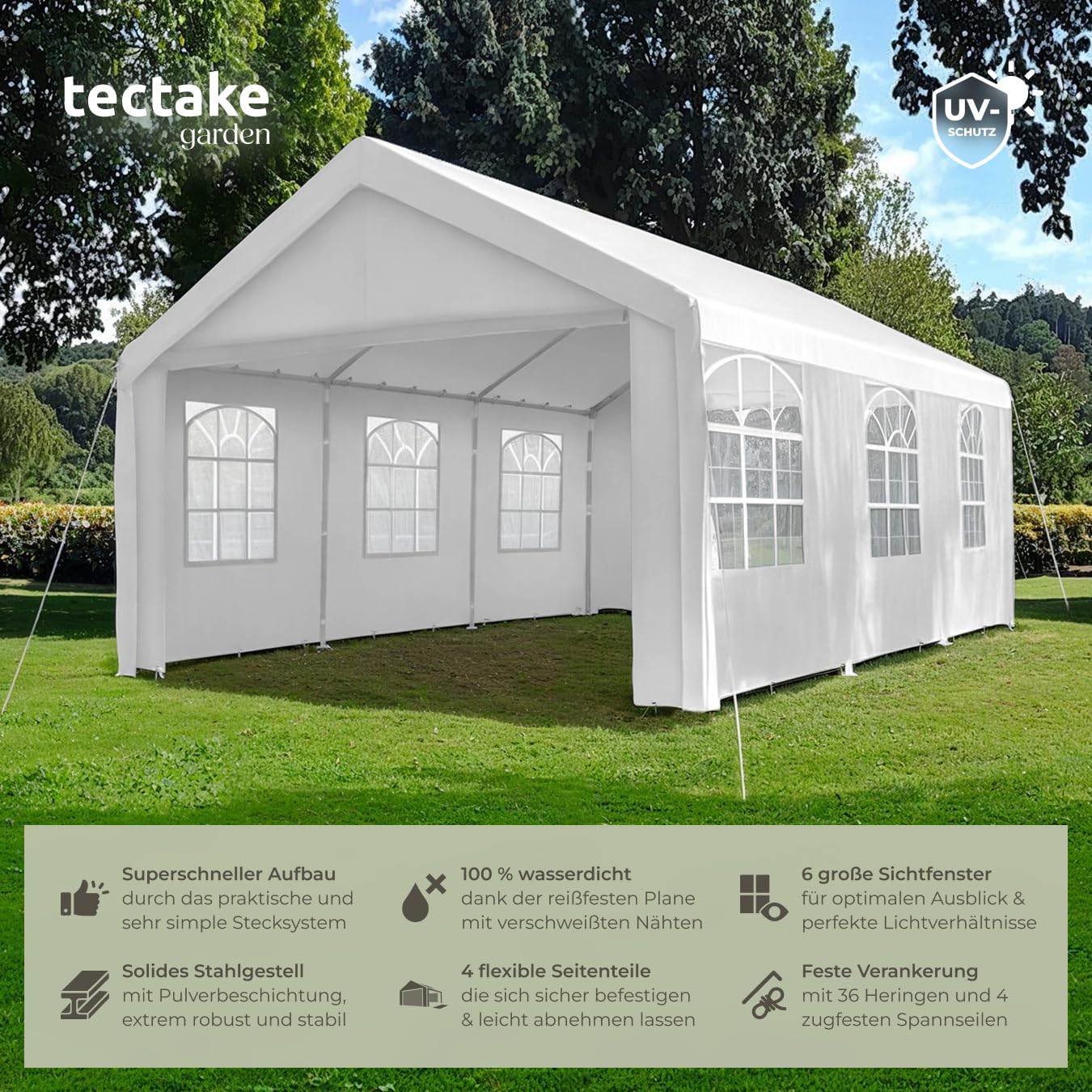 tectake® Pavillon, Partyzelt 4x6 m, 100% wasserdicht, Gartenpavillon mit 4 Seitenwänden, Festzelt mit UV-Schutz, Eventzelt, inkl. Erdnägel und Spannseile, für Festival, Hochzeit, Party - weiß