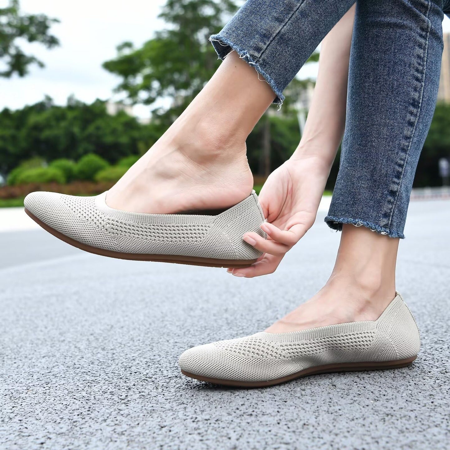 Puxowe Damen Ballerina Runde Zehe Stricken Flache Schuhe Komfort Weich Slip On Ballerina Walking Flats Schuhe für Frauen Niedriger Keil Lässig 40 EU Nude