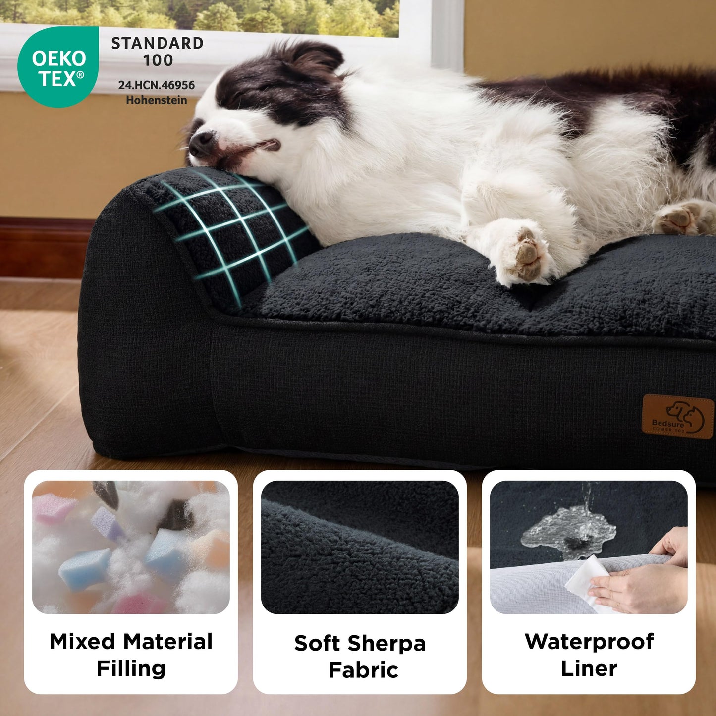 BEDSURE ergonomisches Hundebett Grosse Hunde - 106x76x24cm extra Dickes & druckentlastendes Hundesofa mit wasserdichter & wasschbarer Hülle, rutschfestes Bett mit weichem Sherpa-Plüsch, schwarz