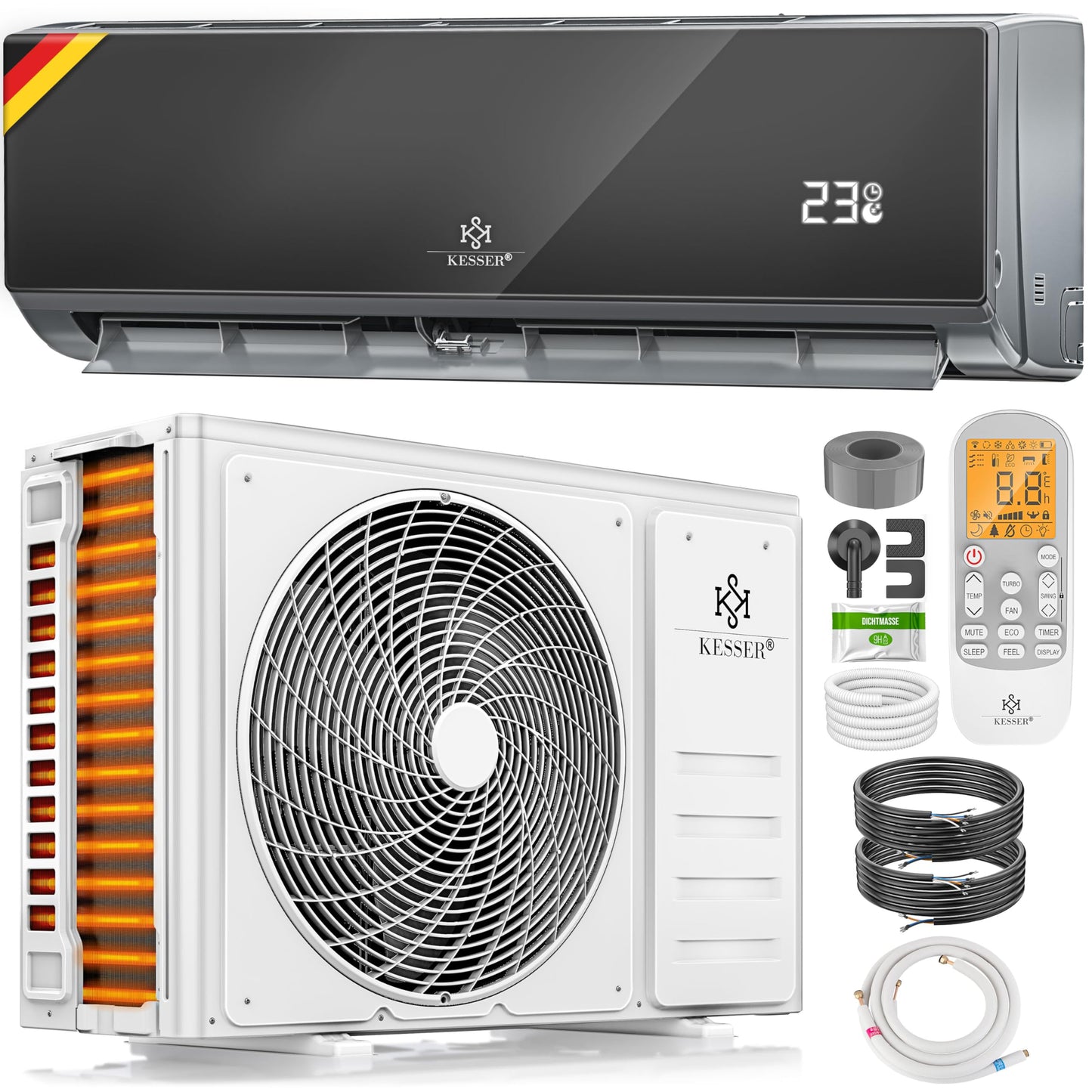 KESSER® Klimaanlage Set Split, WiFi/App Funktion Klimagerät, Kühlen A++/Heizen A+, 12000 BTU/h (3.400W) sehr leise, Kältemittel R32, Fernbedienung, Timerfunktion, Montagematerial, Anthrazit