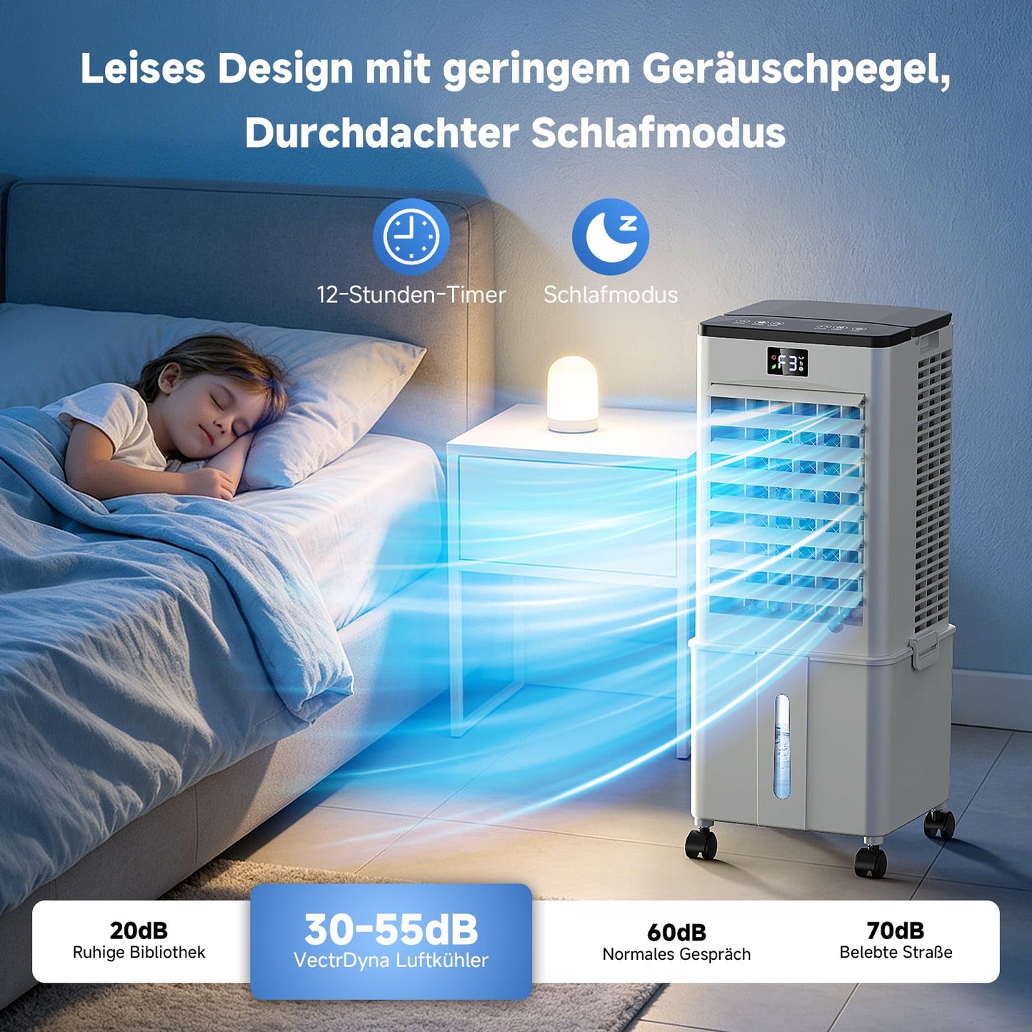 Klimagerät ohne Abluftschlauch 10L, 60W Klimaanlage Mobil, 12H Timer, klimaanlage ohne abluftschlauch 3 Modus, 120°Oszillation, Abnehmbare Wassertank, Tragbarer Luftkühler für Zuhause Büro Perlweiß