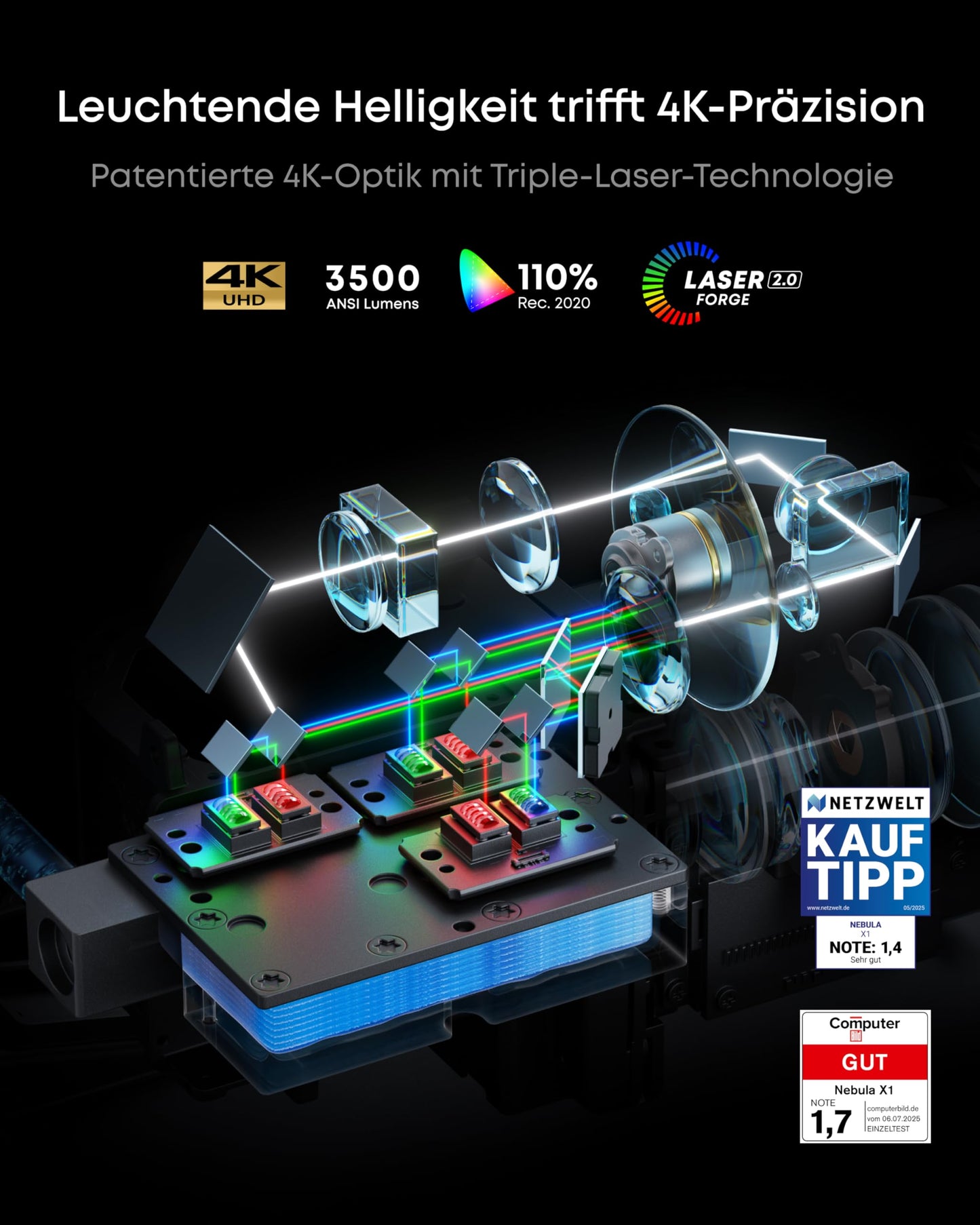 NEBULA X1 Triple Laser 4K Beamer, 3500 ANSI Lumen, 56000:1 Kontrast, 40W Stereo Sound, 0,9-1,5 optischer Zoom, Auto Kalibrierung, Dolby Vision, 300 Zoll, Micro-Gimbal, GTV, Mit Griff, Outdoor