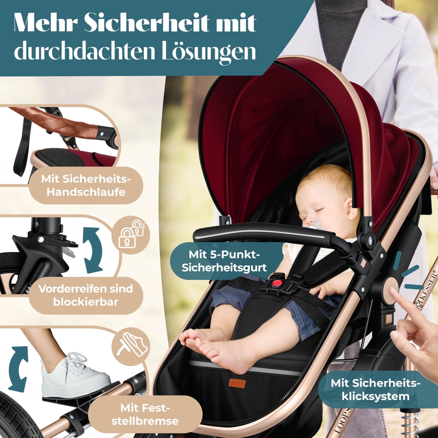 KESSER® Loops 4 in 1 Kinderwagen Kombikinderwagen Komplett-Set inkl. Babywanne & Buggy Sportsitz & Auto-Babyschale Voll-Gummireifen Wickeltasche Regenschutz Kindertisch ECE R129, Rot/Champagne