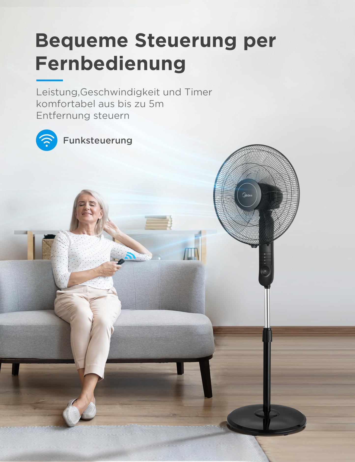 Midea FS40-15FR Standventilator Leise mit Fernbedienung,3 Geschwindigkeitsstufen,LED Anzeige, 7,5H Timer,höhenverstellbar, 80°Oszil-lationsfunktion, 55W Kraftvoller,Ventilator,Luftzirkulation, Schwarz