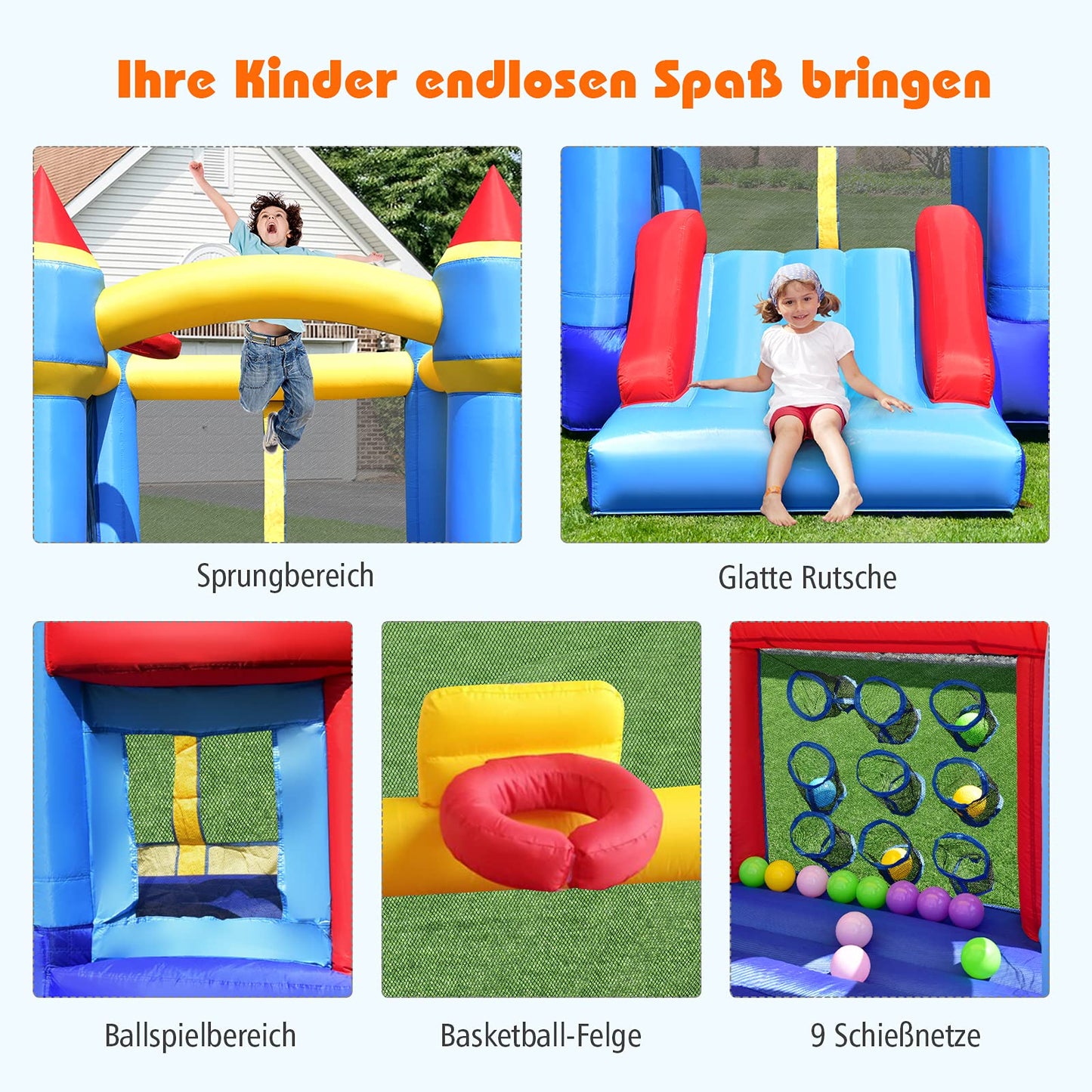 COSTWAY Kinder aufblasbare Hüpfburg, Hüpfburg mit Rutsche, Ballgrube, Reparaturflicken, Aufbewahrungstasche, Kinder-Hüpfburg für Hinterhof, Indoor & Outdoor-Einsatz 270x240x196cm