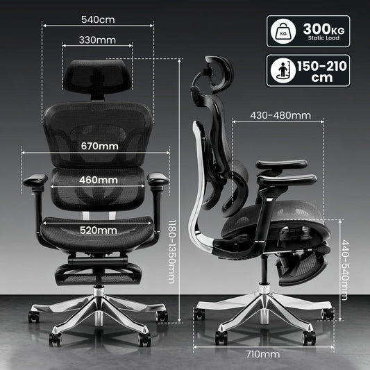 FLEXISPOT Ergonomischer Stuhl bis 300 kg, mit Fußstütze 4D Kopfstütze & 5D Armlehnen,Einteiliger Rücken- & Lendenstütze Bürostuhl für Büro und Gaming, ErgoX Max, Schwarz