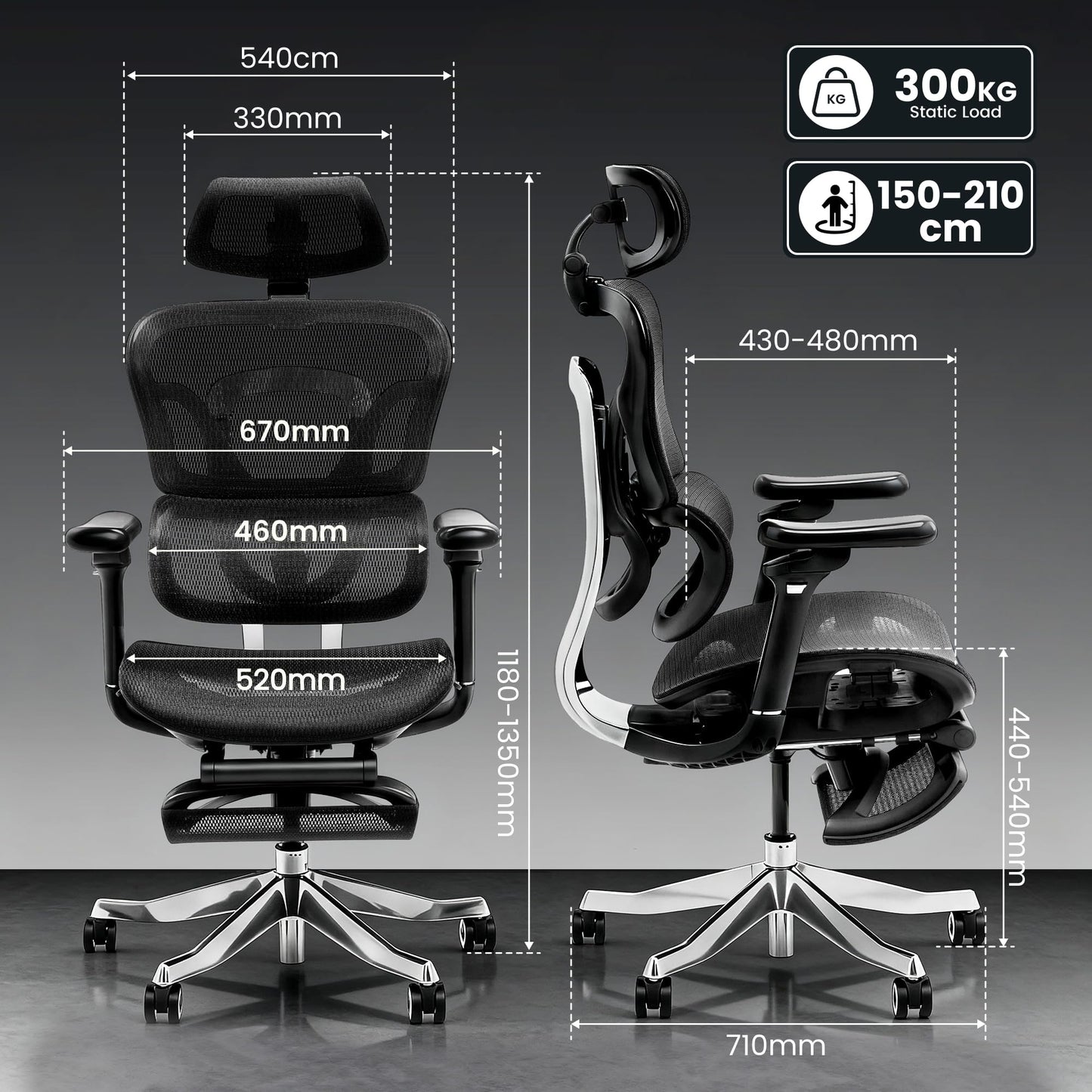 FLEXISPOT Ergonomischer Stuhl bis 300 kg, mit Fußstütze 4D Kopfstütze & 5D Armlehnen,Einteiliger Rücken- & Lendenstütze Bürostuhl für Büro und Gaming, ErgoX Max, Schwarz