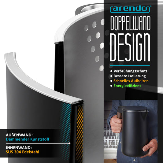 Arendo - Wasserkocher Edelstahl – 1,5 Liter - 2200 Watt – Doppelwand-Design – 360° Controller – BPA-frei – Überhitzungs- und Trockengehschutz - Schwarz Cool Grey Matt - GS geprüfte Sicherheit
