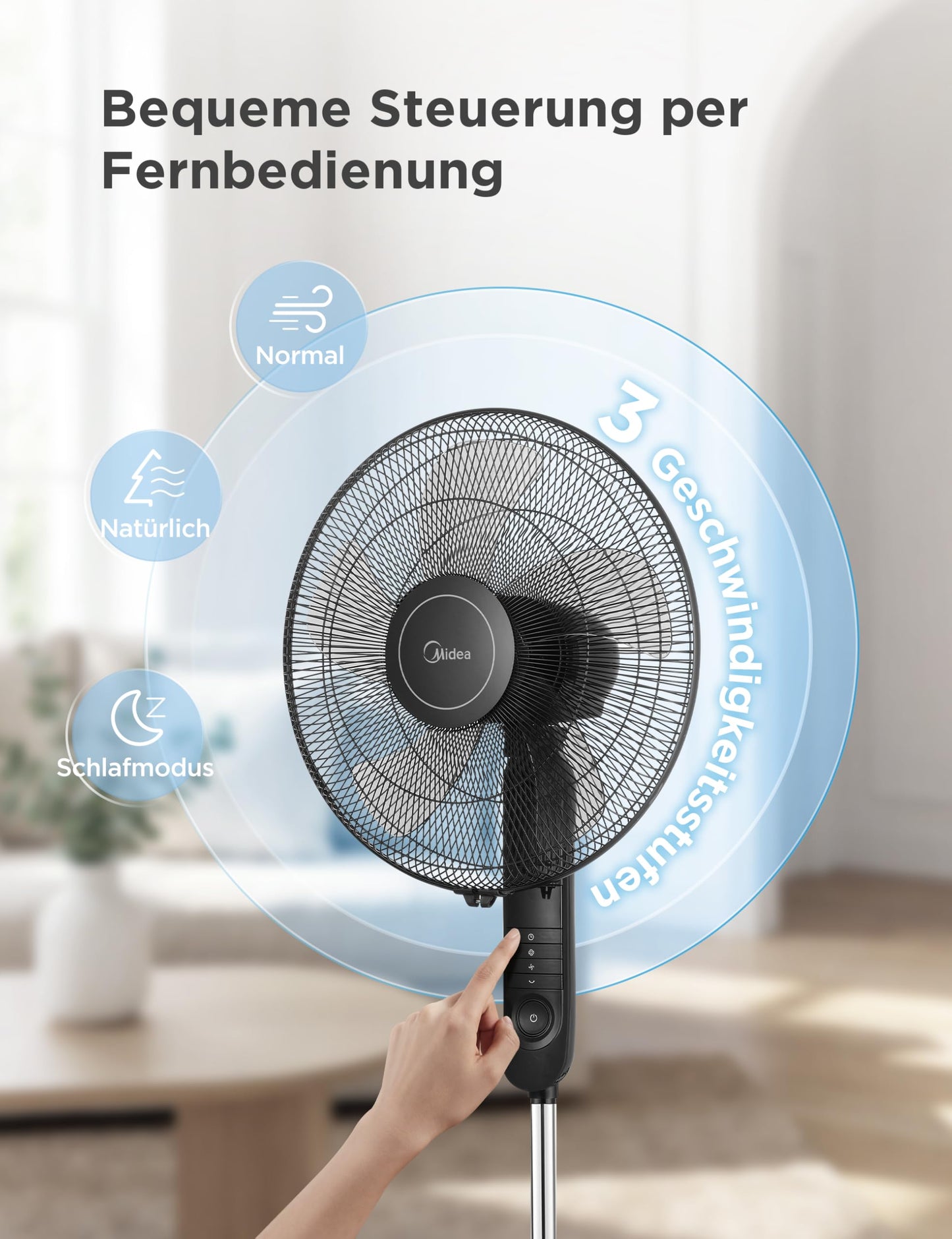 Midea FS40-15FR Standventilator Leise mit Fernbedienung,3 Geschwindigkeitsstufen,LED Anzeige, 7,5H Timer,höhenverstellbar, 80°Oszil-lationsfunktion, 55W Kraftvoller,Ventilator,Luftzirkulation, Schwarz