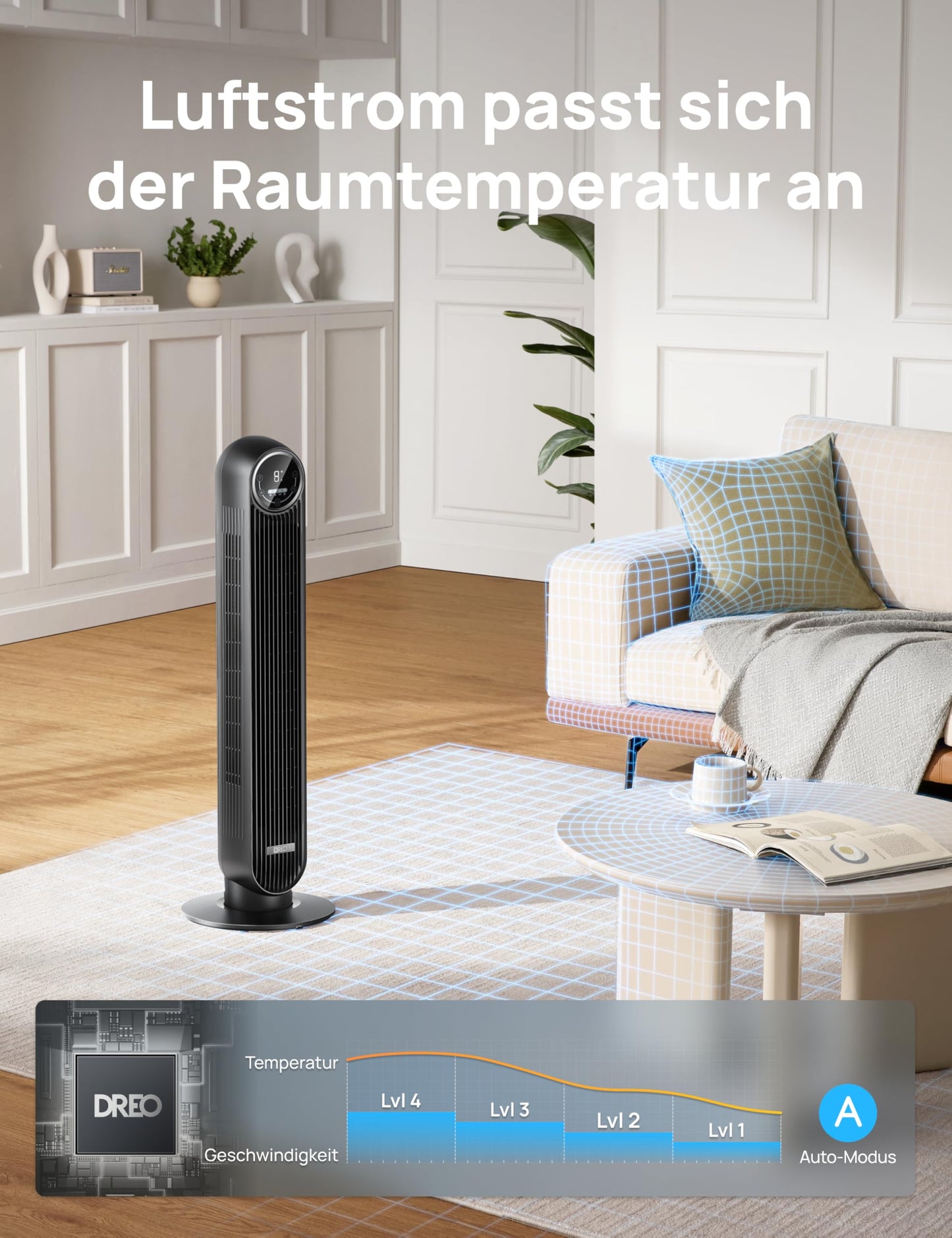 DREO Leiser Turmventilator, 10 m Wurfweite 4 Geschwindigstufen 4 Modi 8 Std. Timer 90° oszillierende Ventilator mit Kühlung Fernbedienung für Schlafzimmer,Turmventilator 307, Schwarz