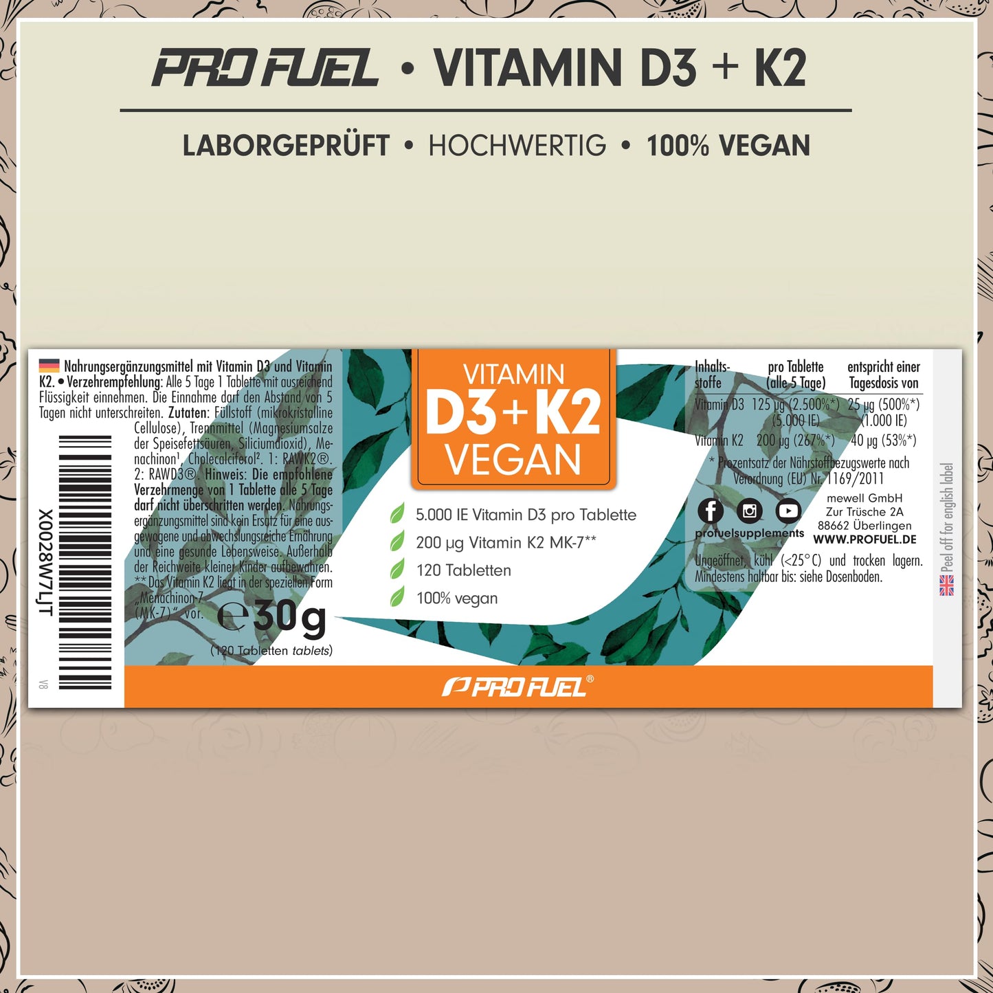 Vitamin D3 K2 VEGAN - 120 Tabletten mit 5000 IE D3 + 200 mcg K2 (MK7) - Vitamin D3 optimal hochdosiert und vegan - reicht für 19 Monate - laborgeprüft mit Zertifikat